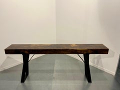 Bar Table Made of Oak Wooden Beam, Cast in Epoxy, on a Steel Frame