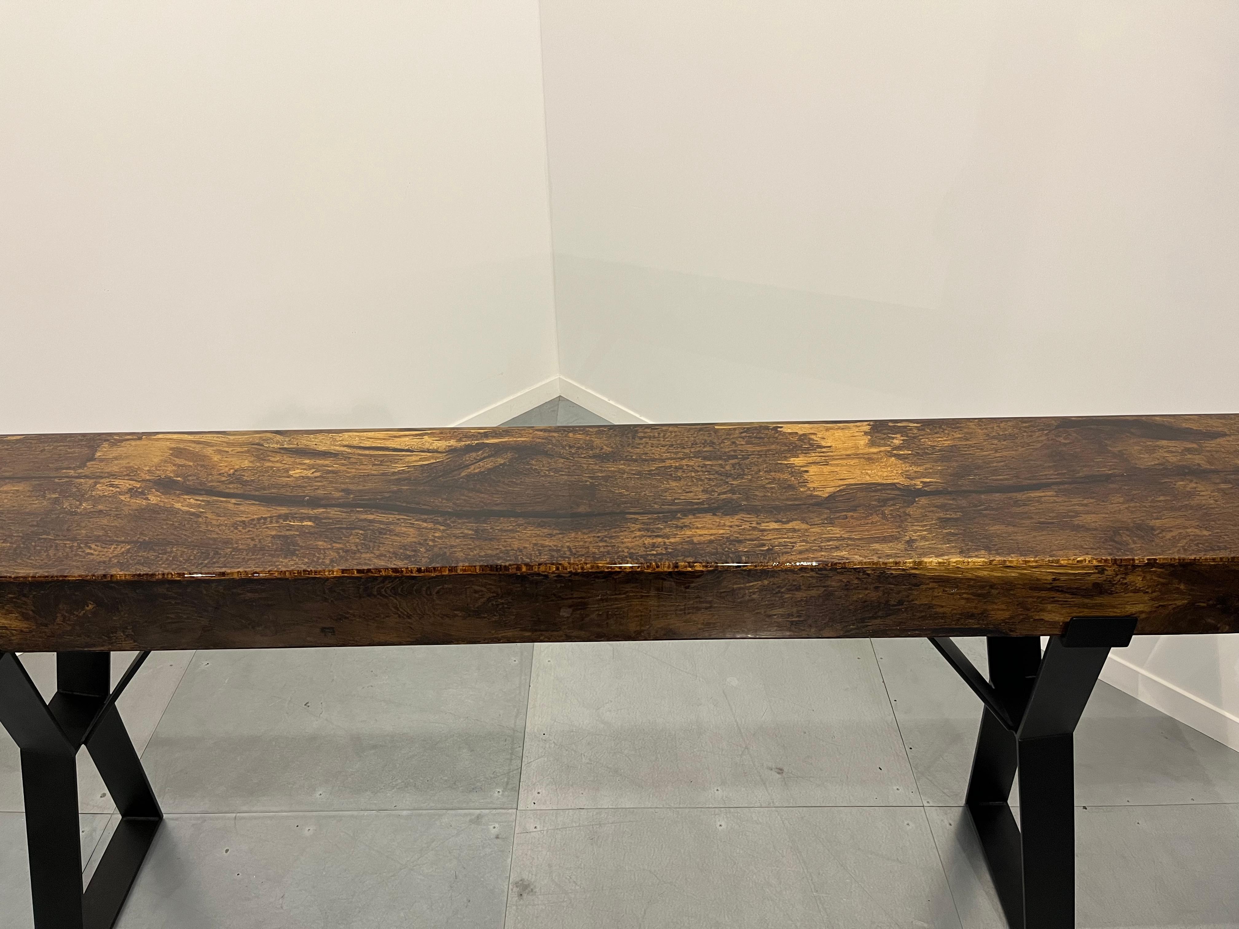 Dutch Bar Table Made of Oak Wooden Beam, Cast in Epoxy, on a Steel Frame For Sale