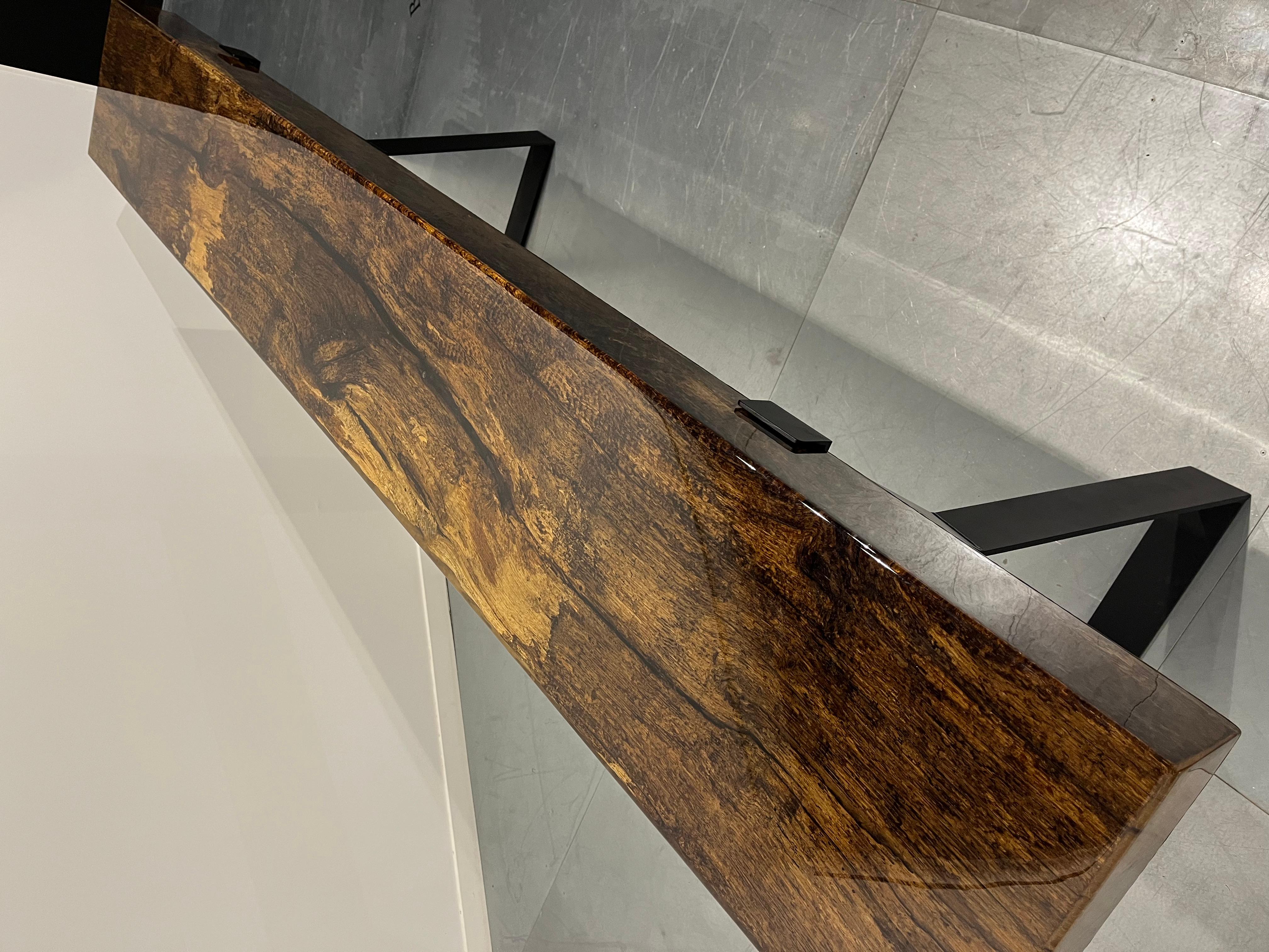 Contemporary Bar Table Made of Oak Wooden Beam, Cast in Epoxy, on a Steel Frame For Sale