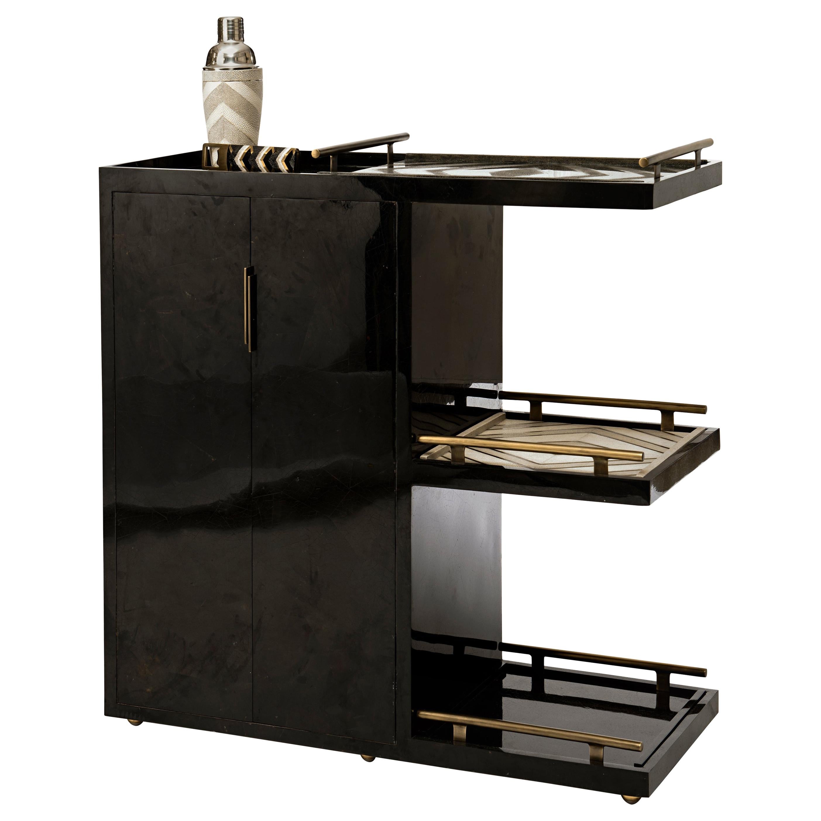 Bar Trolley in Black Pen Shell with 3 Removable Trays by Kifu Paris For Sale