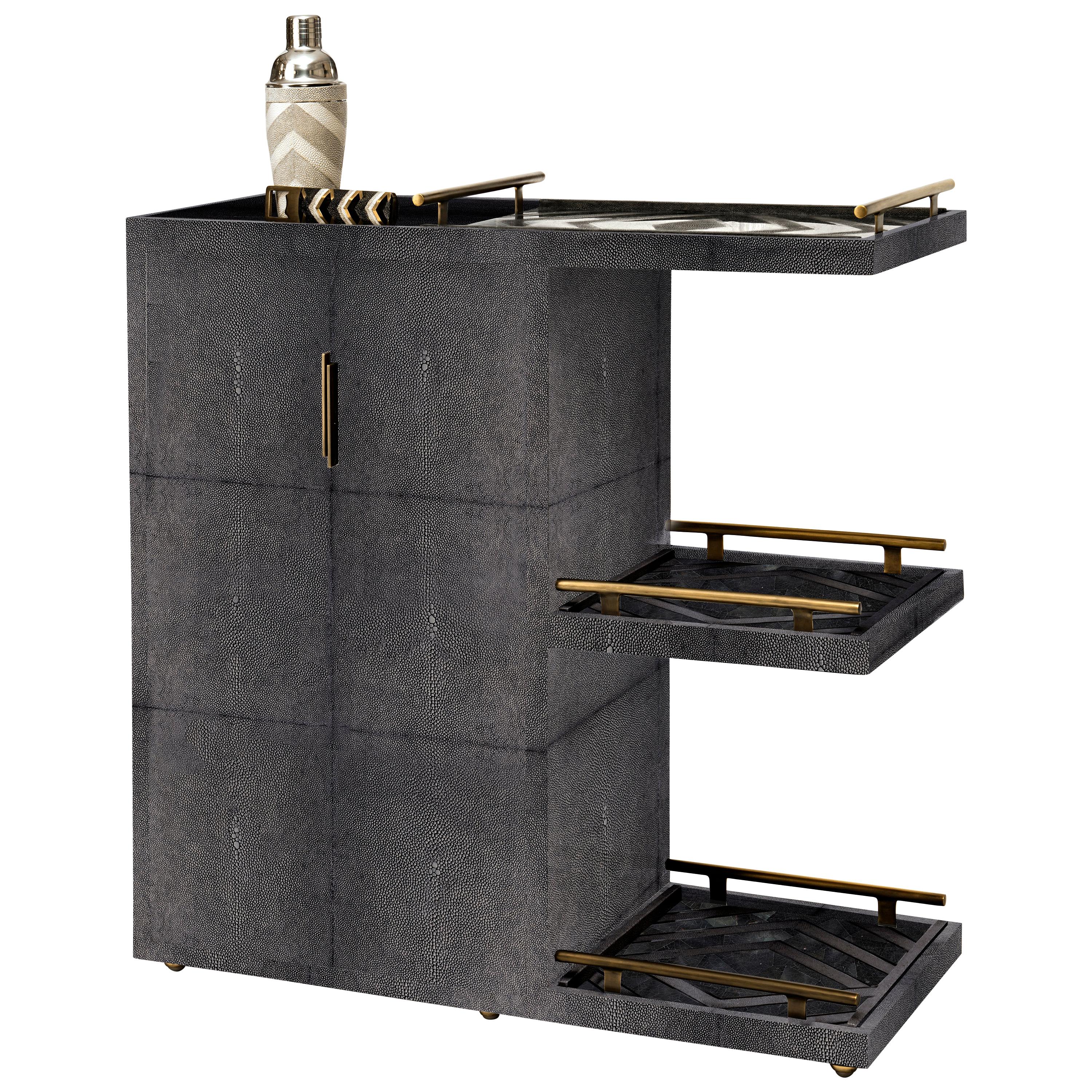 Bar Trolley in Coal Black Shagreen with 3 Removable Trays by Kifu, Paris For Sale
