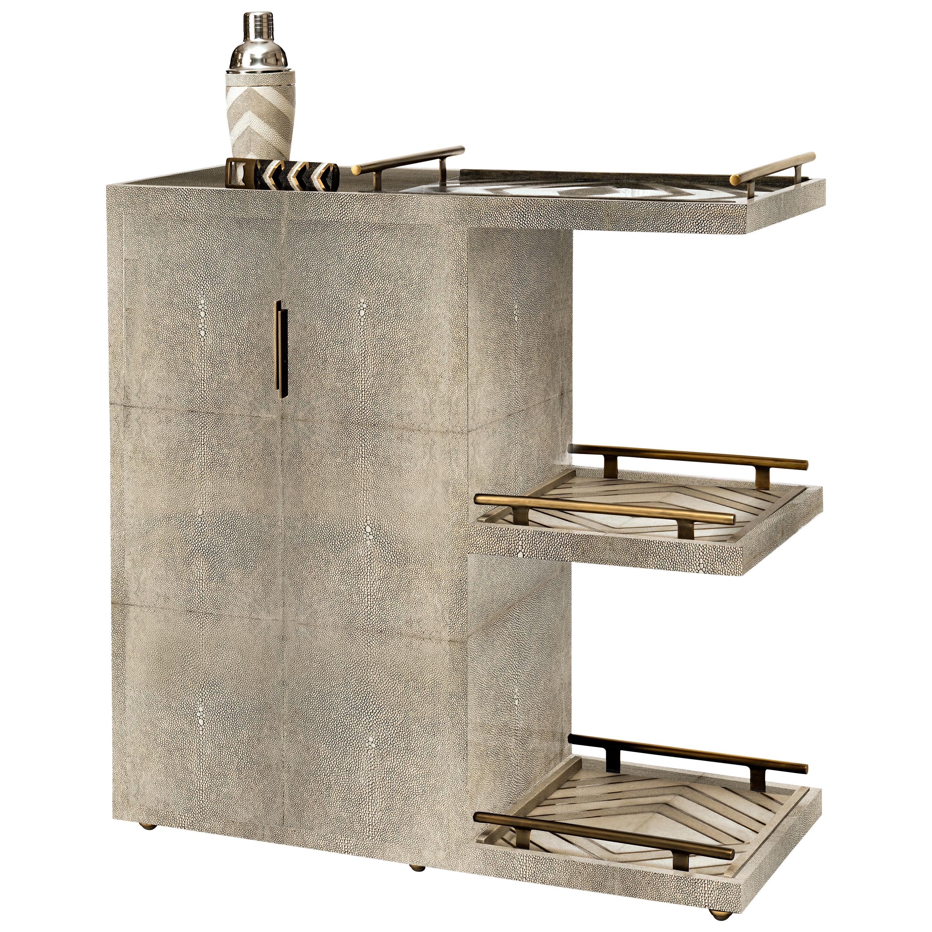 Bar Trolley in Cream Shagreen with 3 Removable Trays by Kifu, Paris