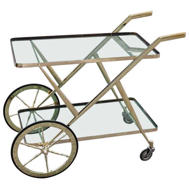 Bar Trolley Solid Brass Green Glass Top Midcentury Italian Design Cesare Lacca For Sale