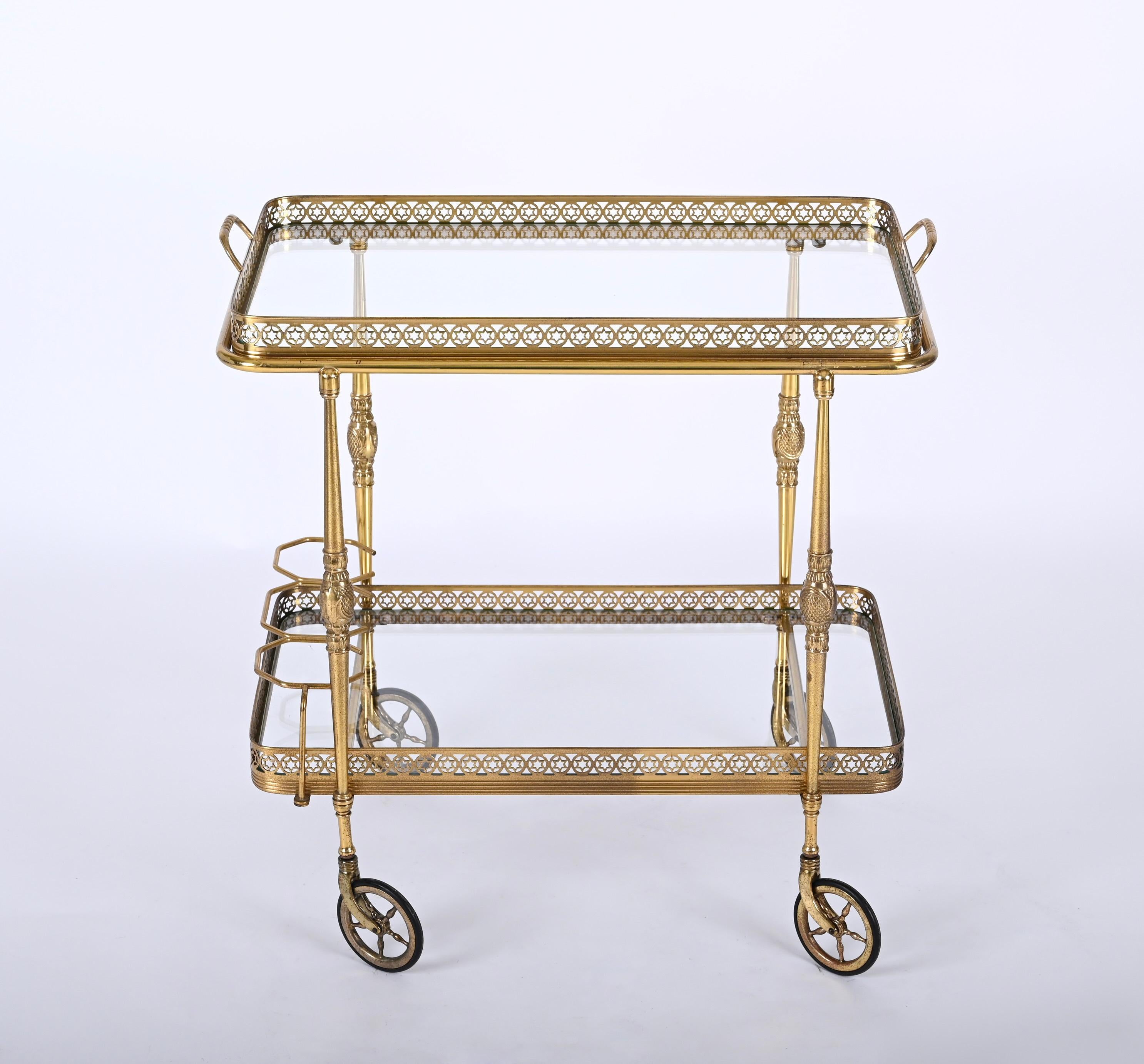 Bar Trolley, with Service Tray, Brass and Crystal by Maison Baguès, France 1950s 3