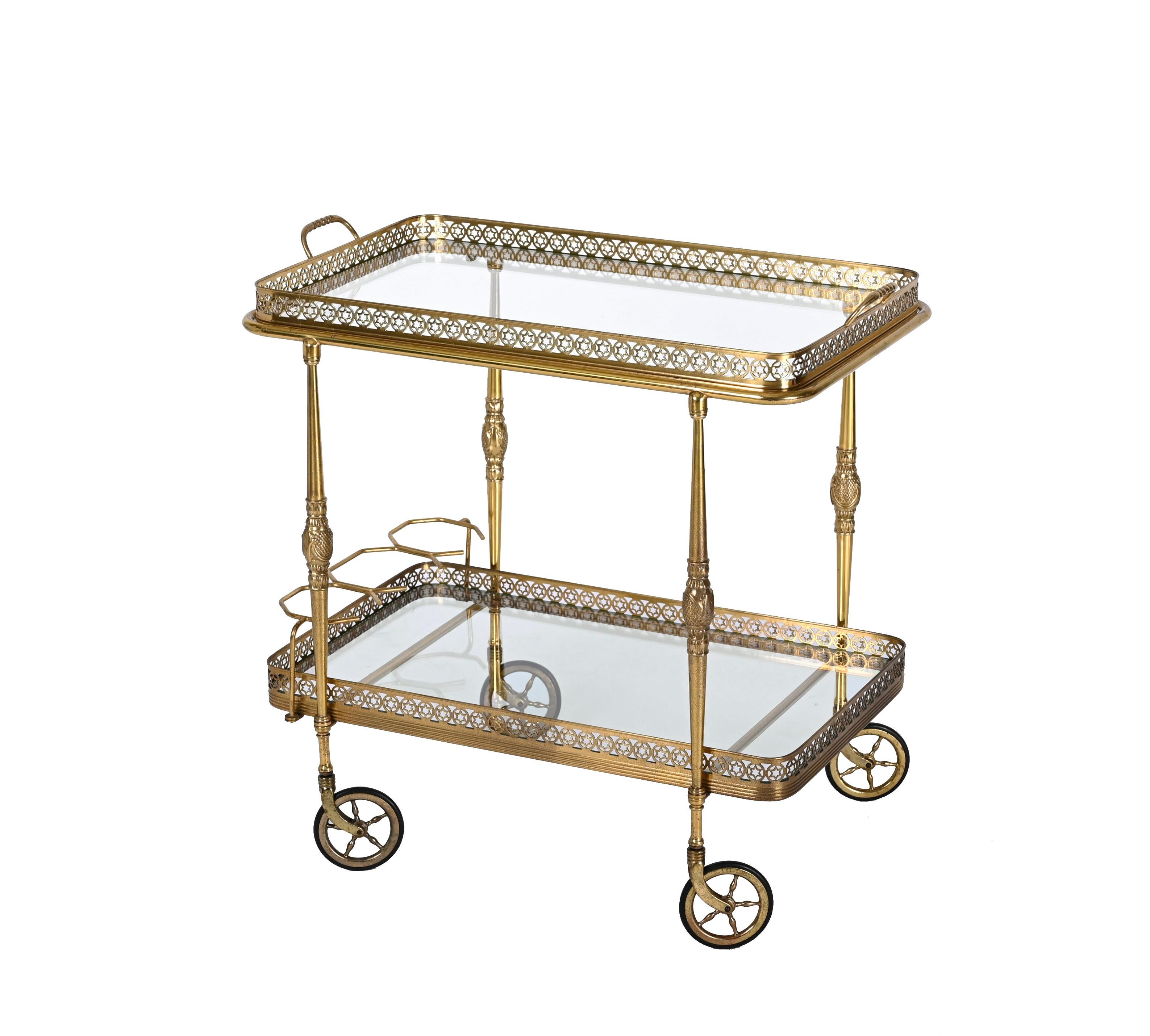 Bar Trolley, with Service Tray, Brass and Crystal by Maison Baguès, France 1950s 4