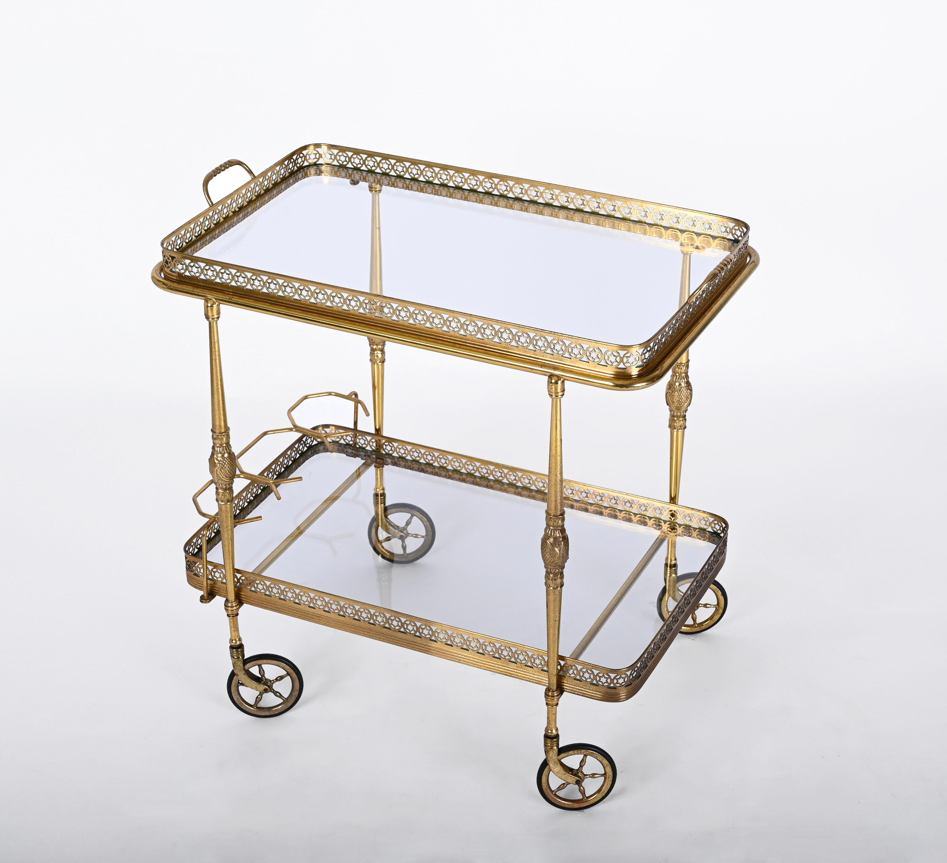 Bar Trolley, with Service Tray, Brass and Crystal by Maison Baguès, France 1950s 6