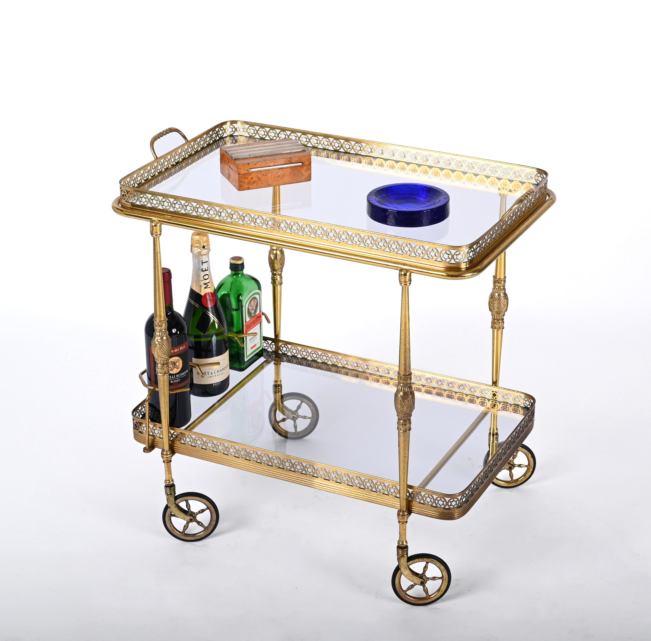 Bar Trolley, with Service Tray, Brass and Crystal by Maison Baguès, France 1950s 7