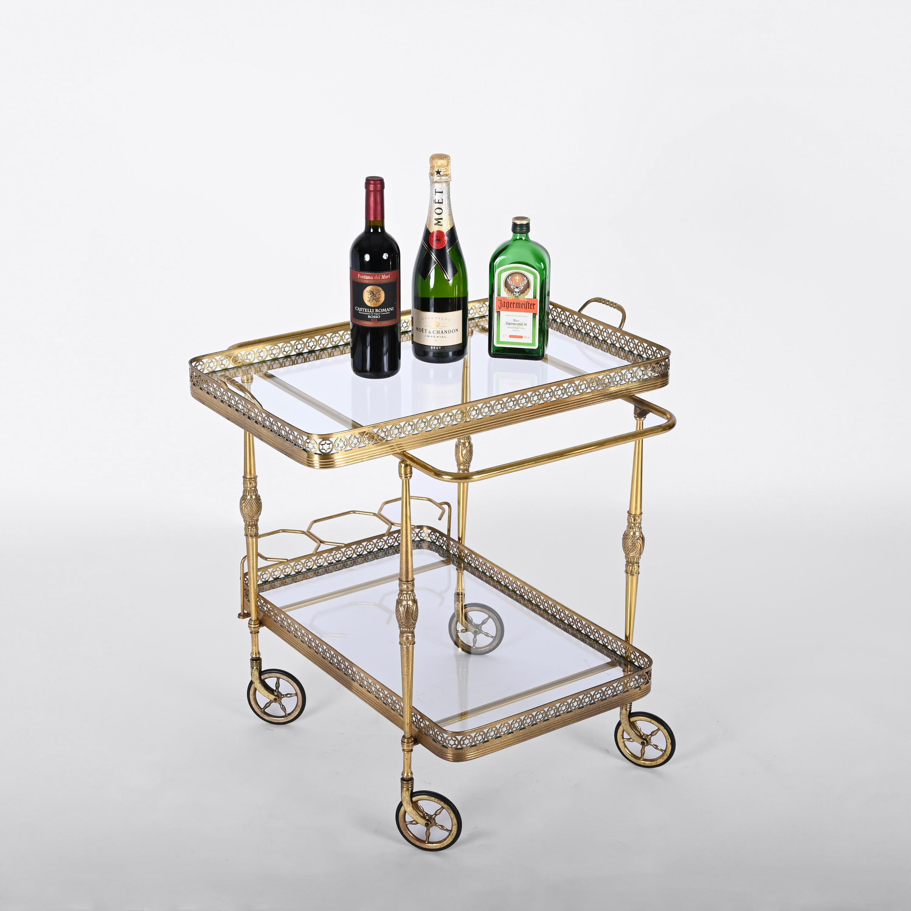Bar Trolley, with Service Tray, Brass and Crystal by Maison Baguès, France 1950s 8