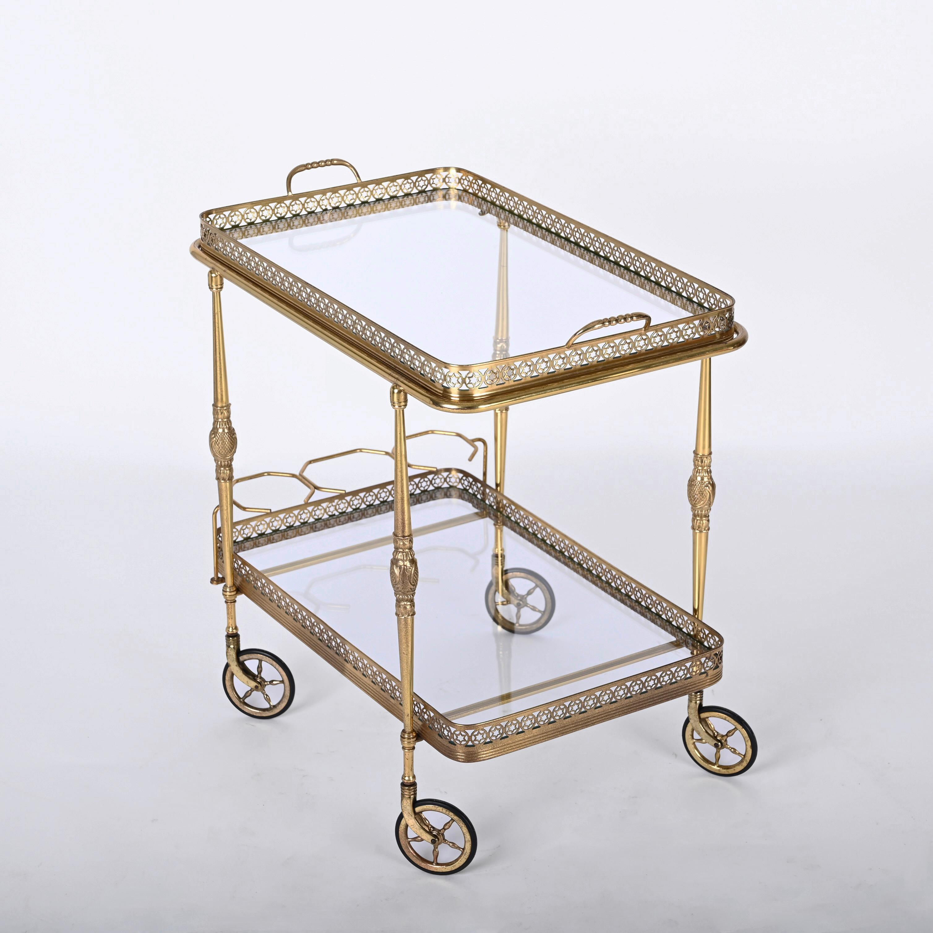 Bar Trolley, with Service Tray, Brass and Crystal by Maison Baguès, France 1950s 10