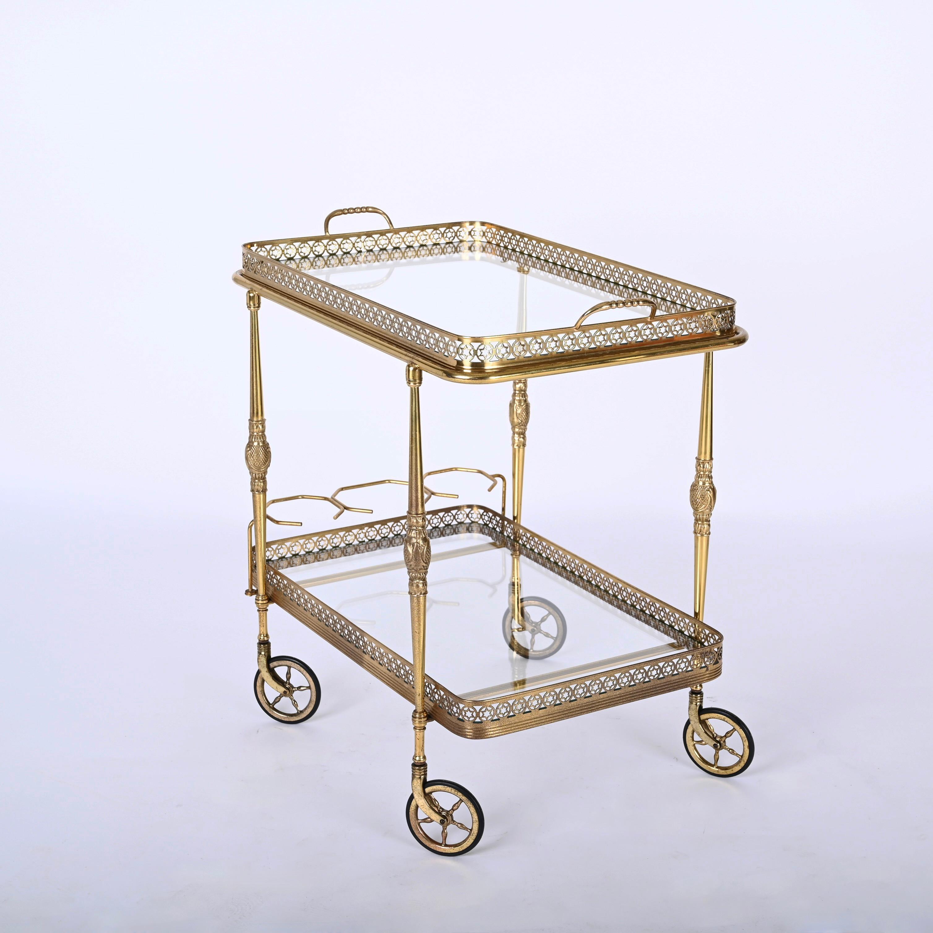 Mid-Century Modern Bar Trolley, with Service Tray, Brass and Crystal by Maison Baguès, France 1950s