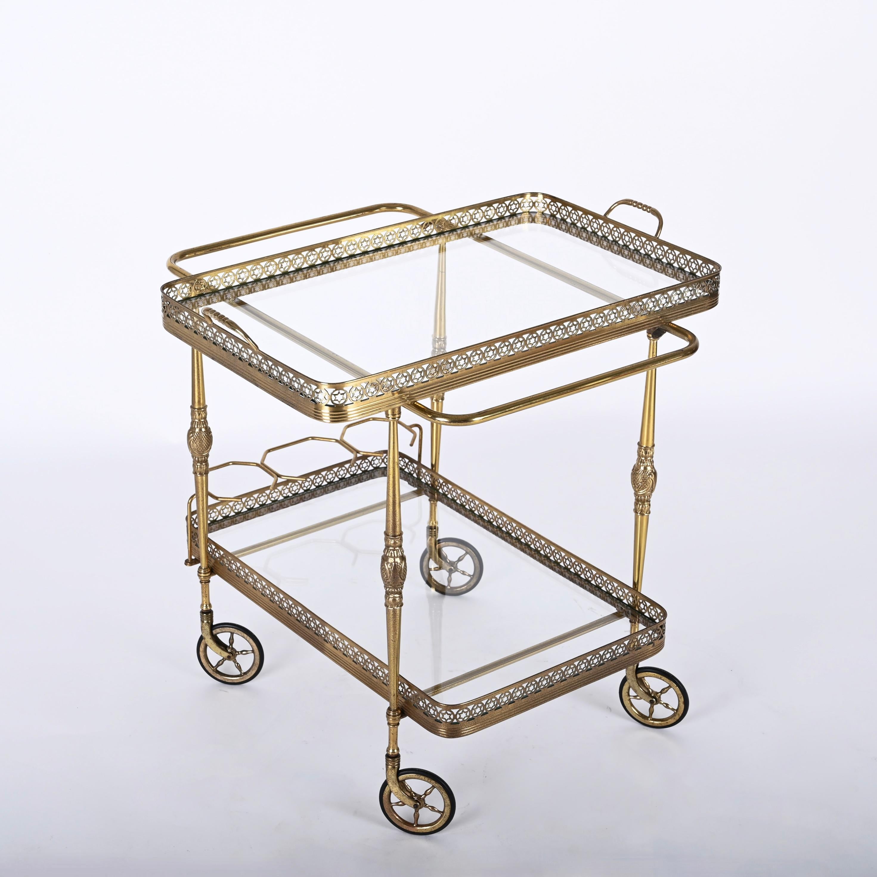 French Bar Trolley, with Service Tray, Brass and Crystal by Maison Baguès, France 1950s