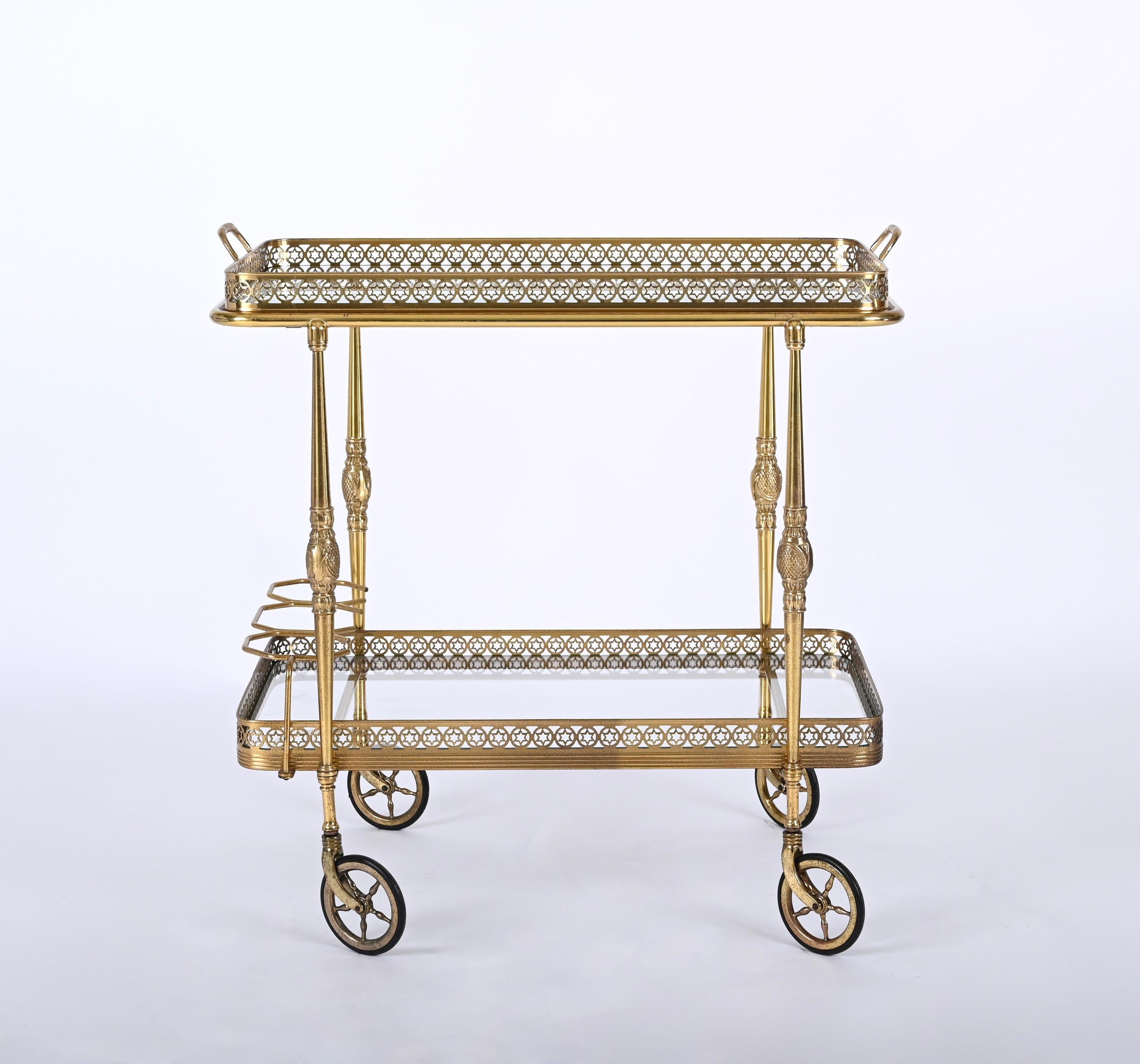 Mid-20th Century Bar Trolley, with Service Tray, Brass and Crystal by Maison Baguès, France 1950s