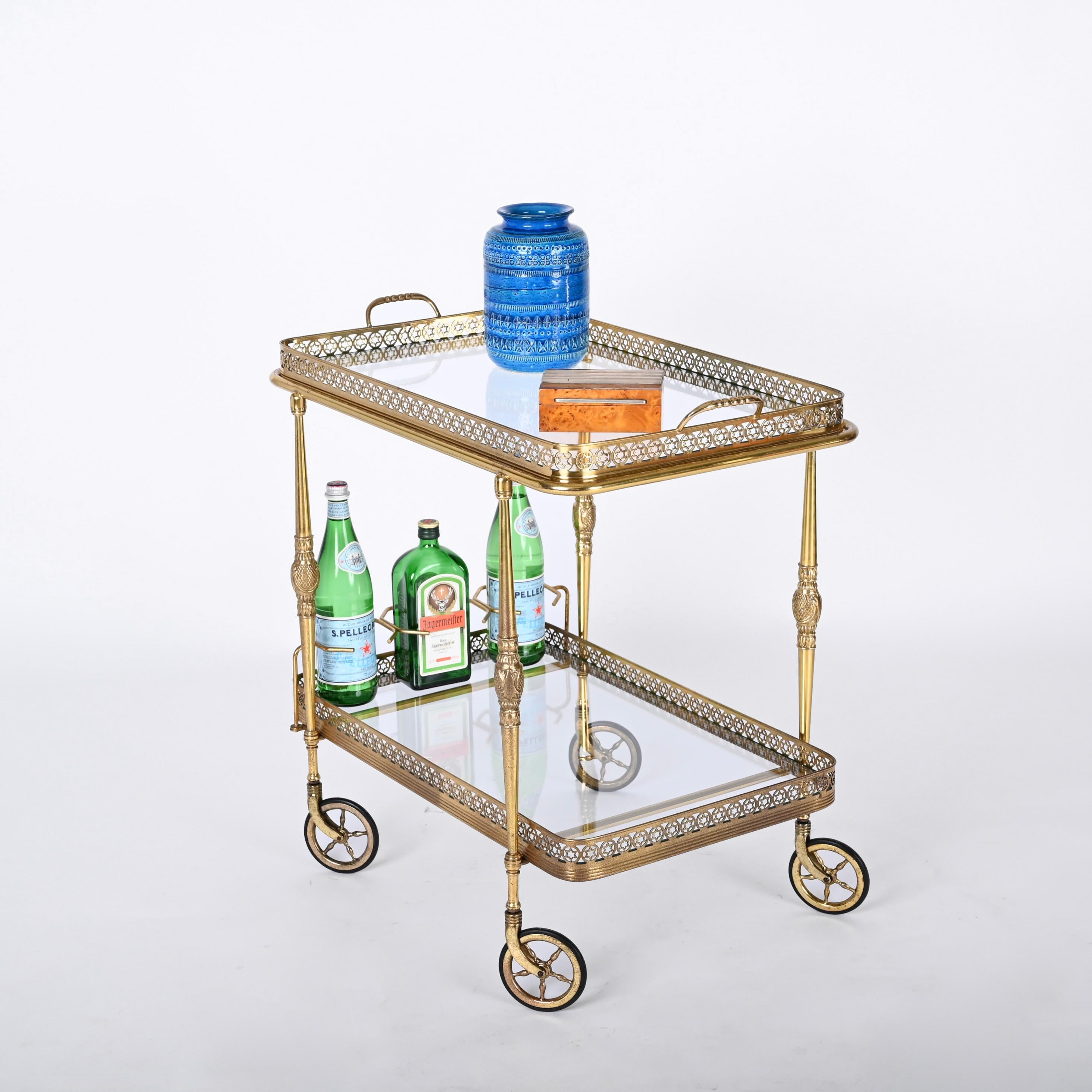 Bar Trolley, with Service Tray, Brass and Crystal by Maison Baguès, France 1950s 1