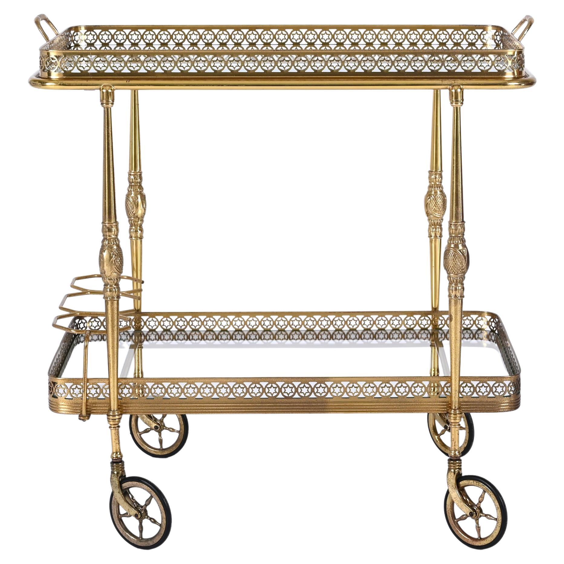Bar Trolley, with Service Tray, Brass and Crystal by Maison Baguès, France 1950s