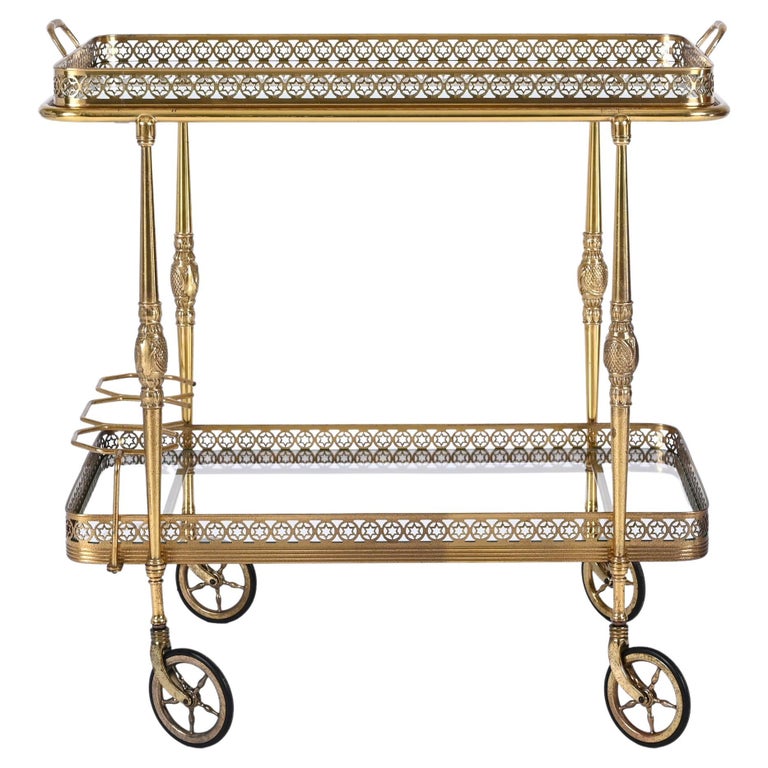 Bar Trolley, with Service Tray, Brass and Crystal by Maison Baguès