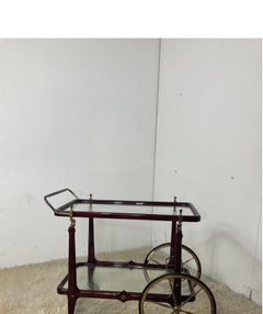 Bar trolly food rack in lacquered wood, brass and vintage 50s glass with 4 wheel