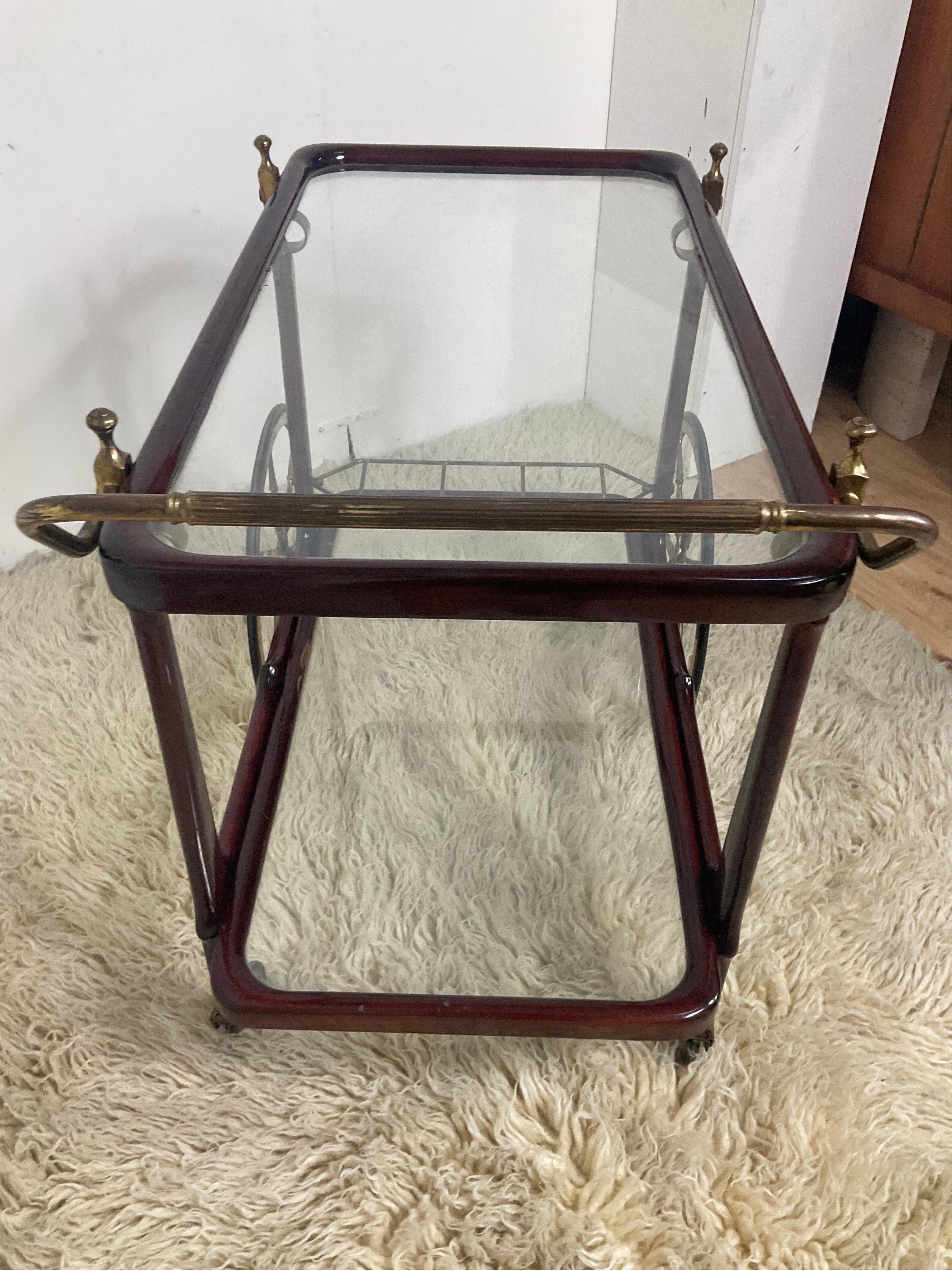 Brass Bar trolly food rack in lacquered wood, brass and vintage 50s glass with 4 wheel For Sale