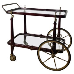 Bar trolly food rack in lacquered wood, brass and vintage 50s glass with 4 wheel