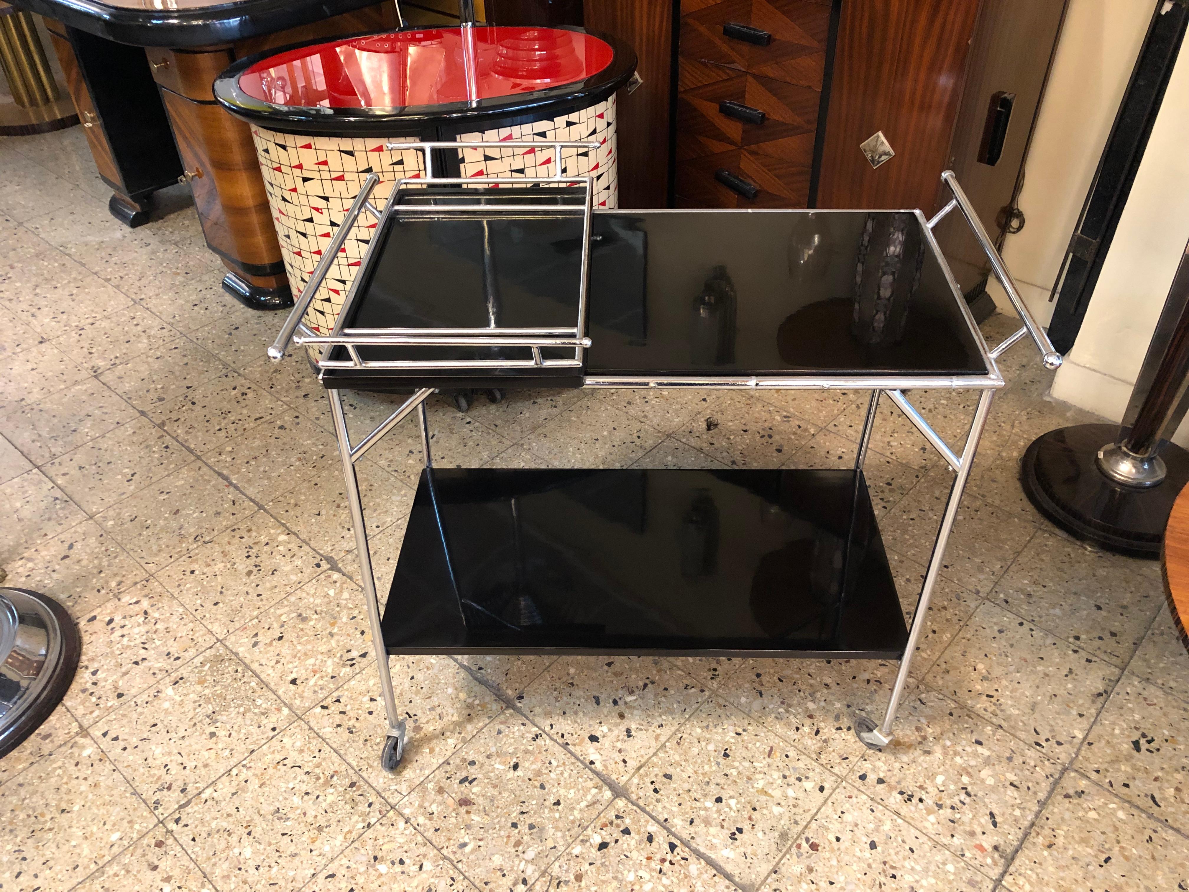 French Bar with Tray in Chrome and Wood Style: Art Deco, France, 1920 For Sale