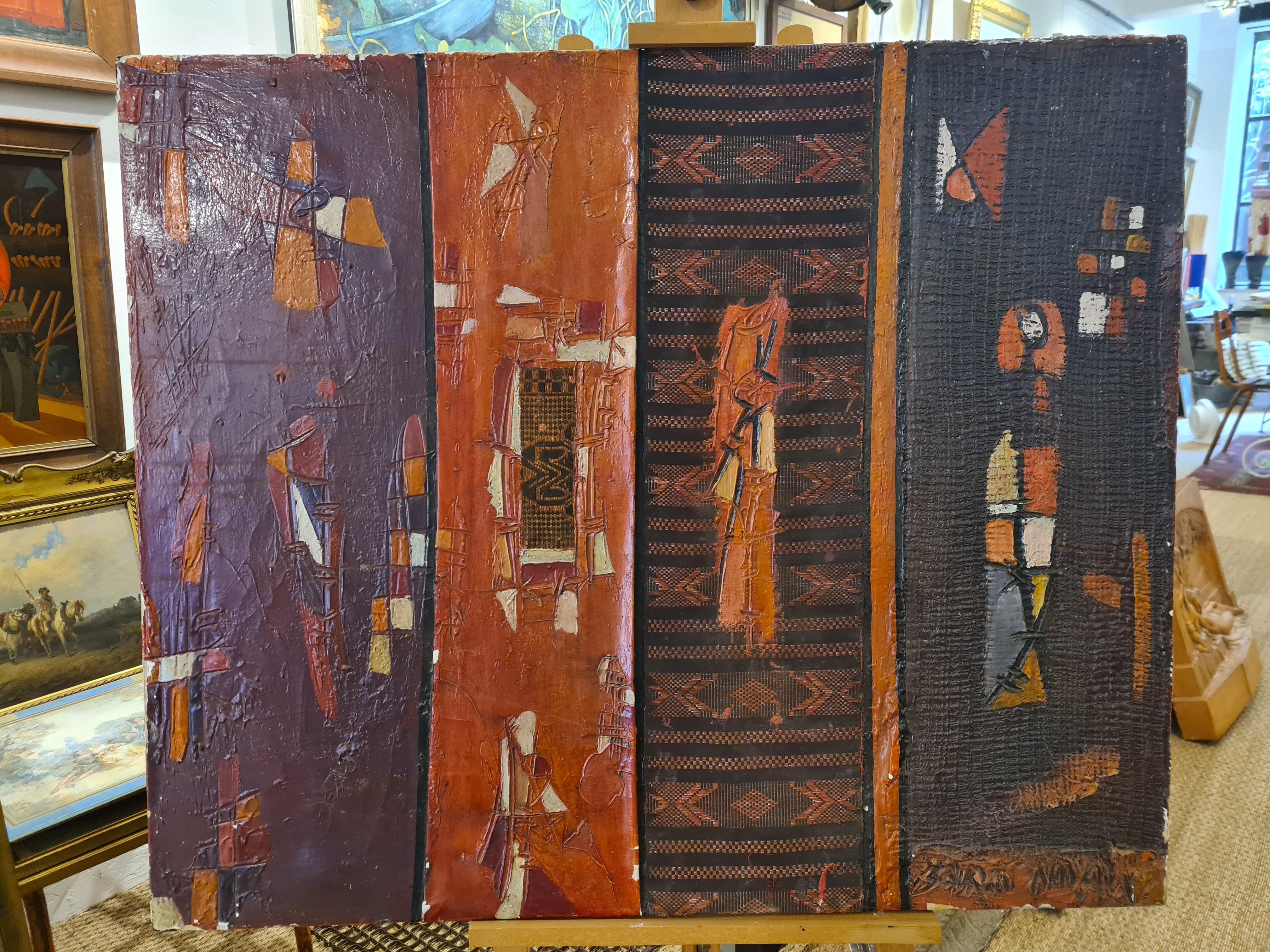 Four Panel Mixed Media Abstract Montage, African, Senegalese Outsider Art. - Painting by Bara Ndaw