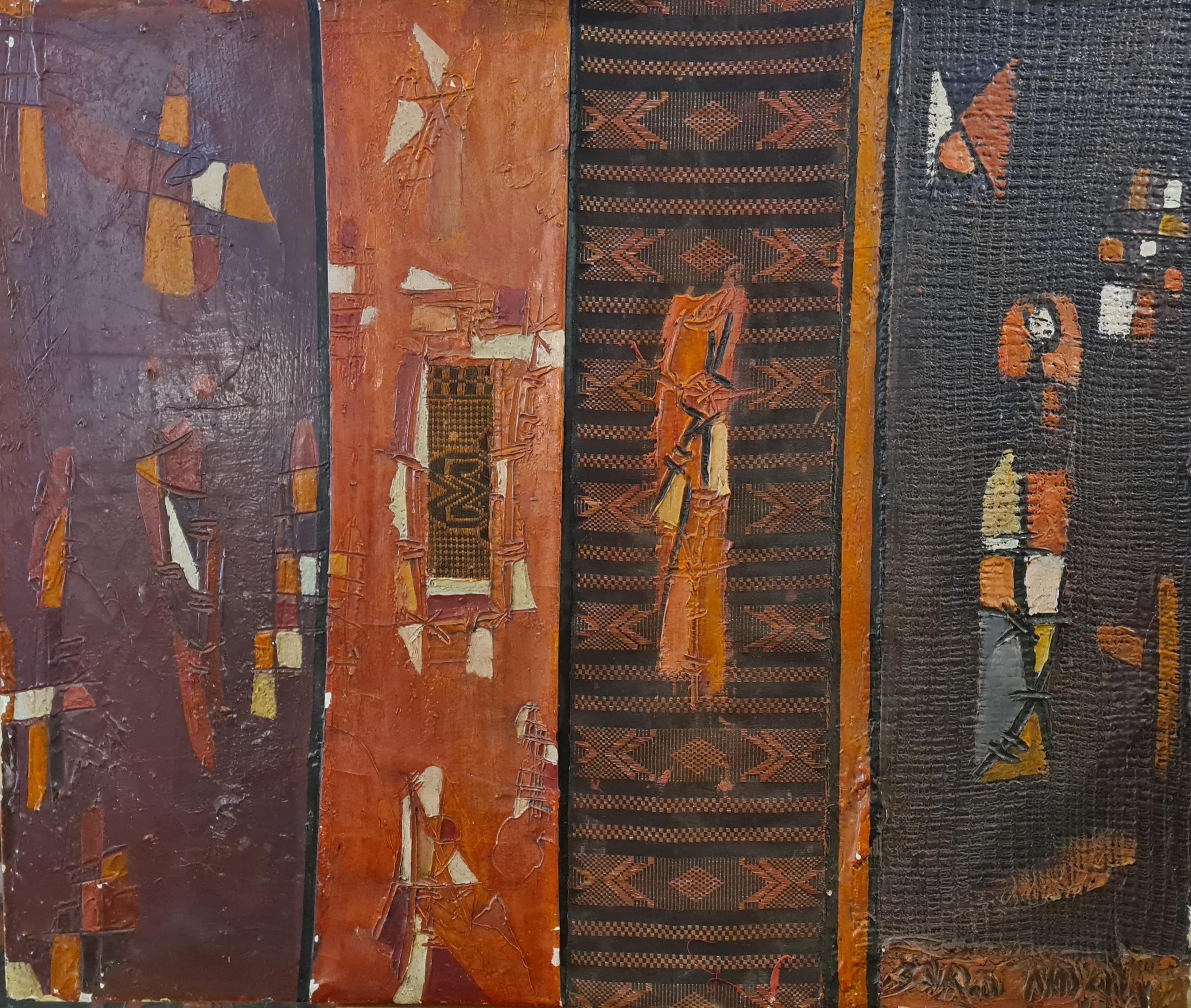 Four Panel Mixed Media Abstract Montage, African, Senegalese Outsider Art.
