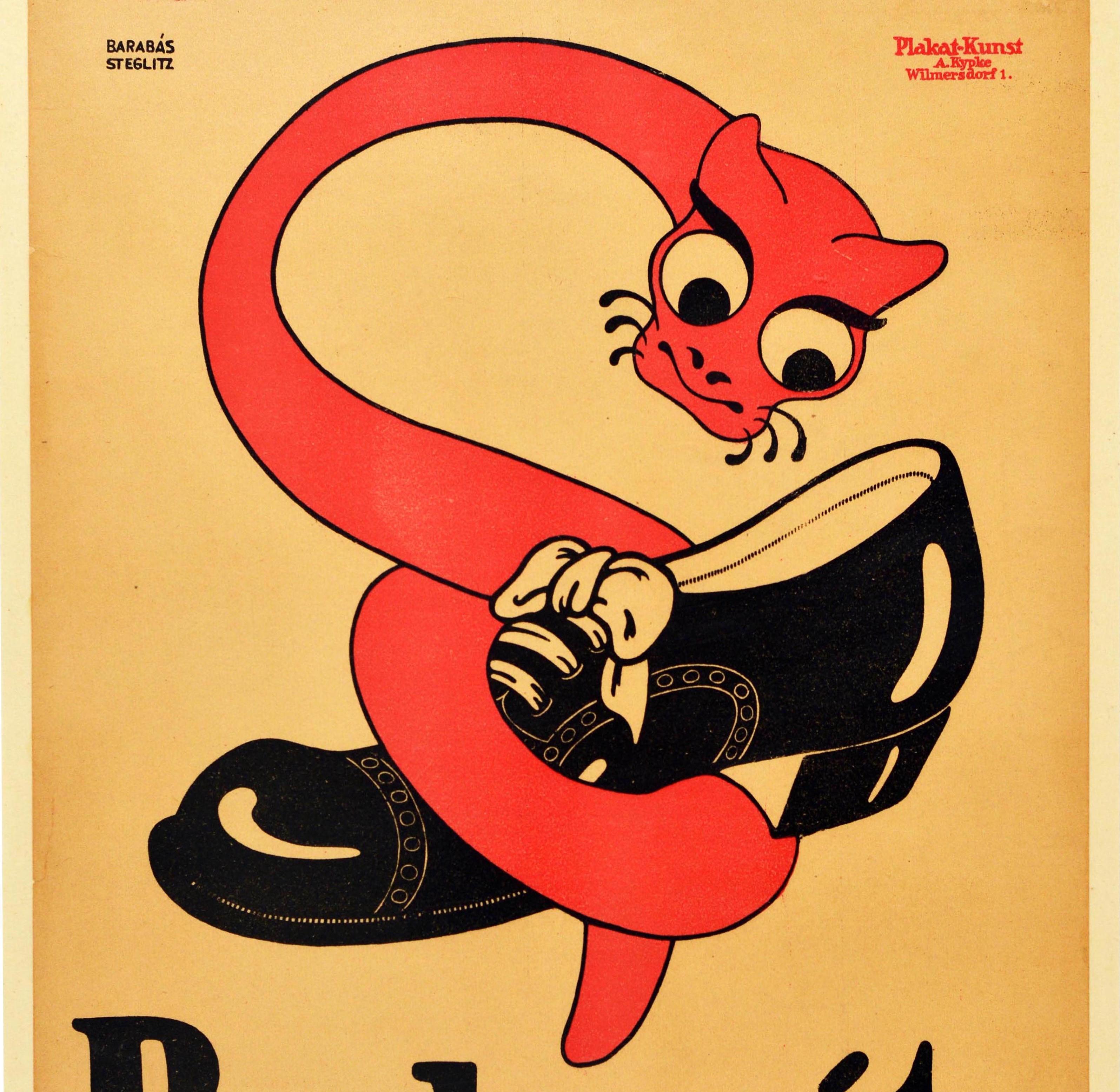Originales antikes Werbeplakat für die Schuhmacherei Berlowitz in der Munzstraße 24 in Berlin mit einem großartigen Design, das ein Bild im Cartoon-Stil einer roten schlangenähnlichen Kreatur mit großen Augen zeigt, die sich um einen glänzenden