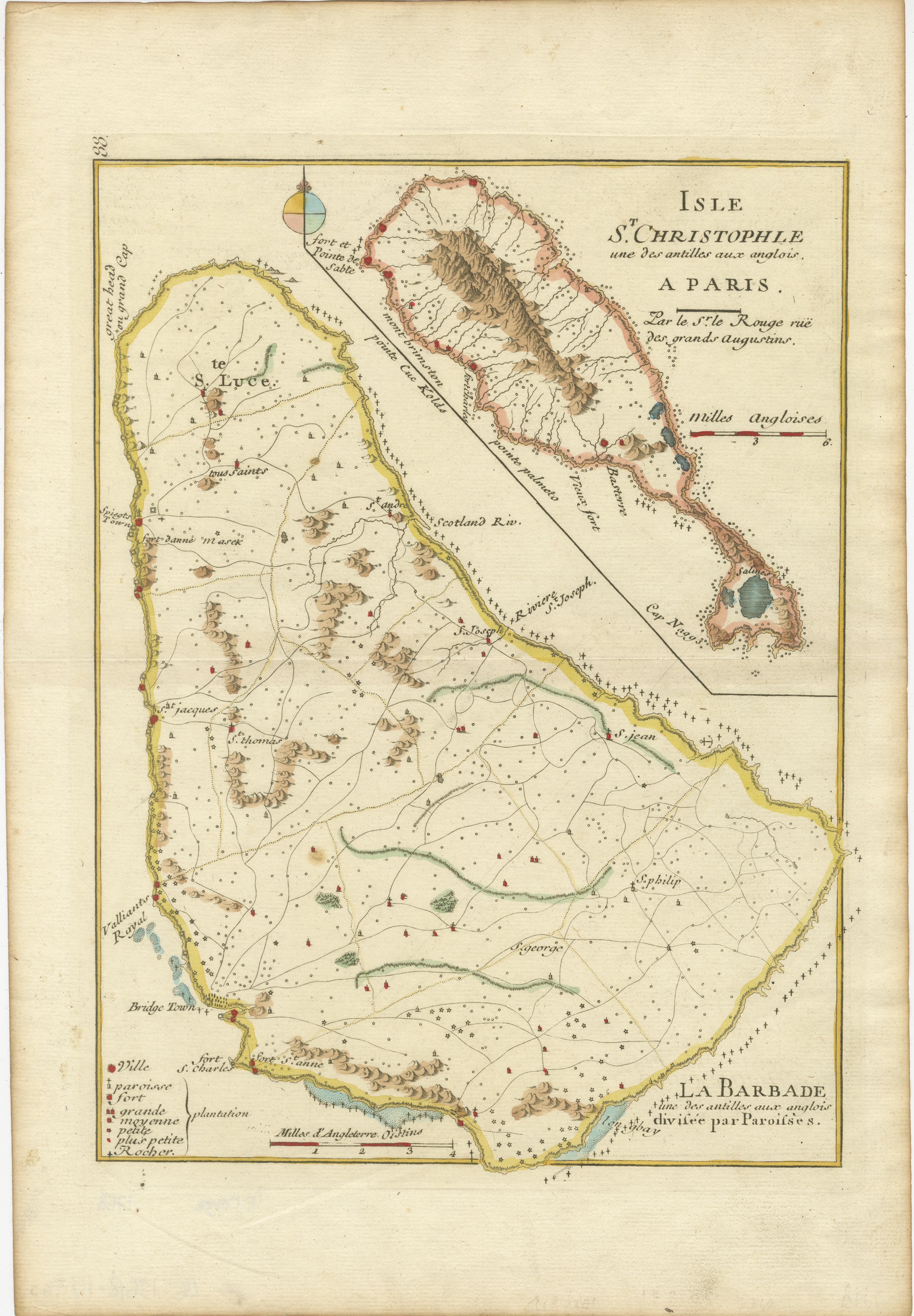 This original map, a copperplate engraving by Le Rouge, presents two significant areas in the Caribbean. Titled 