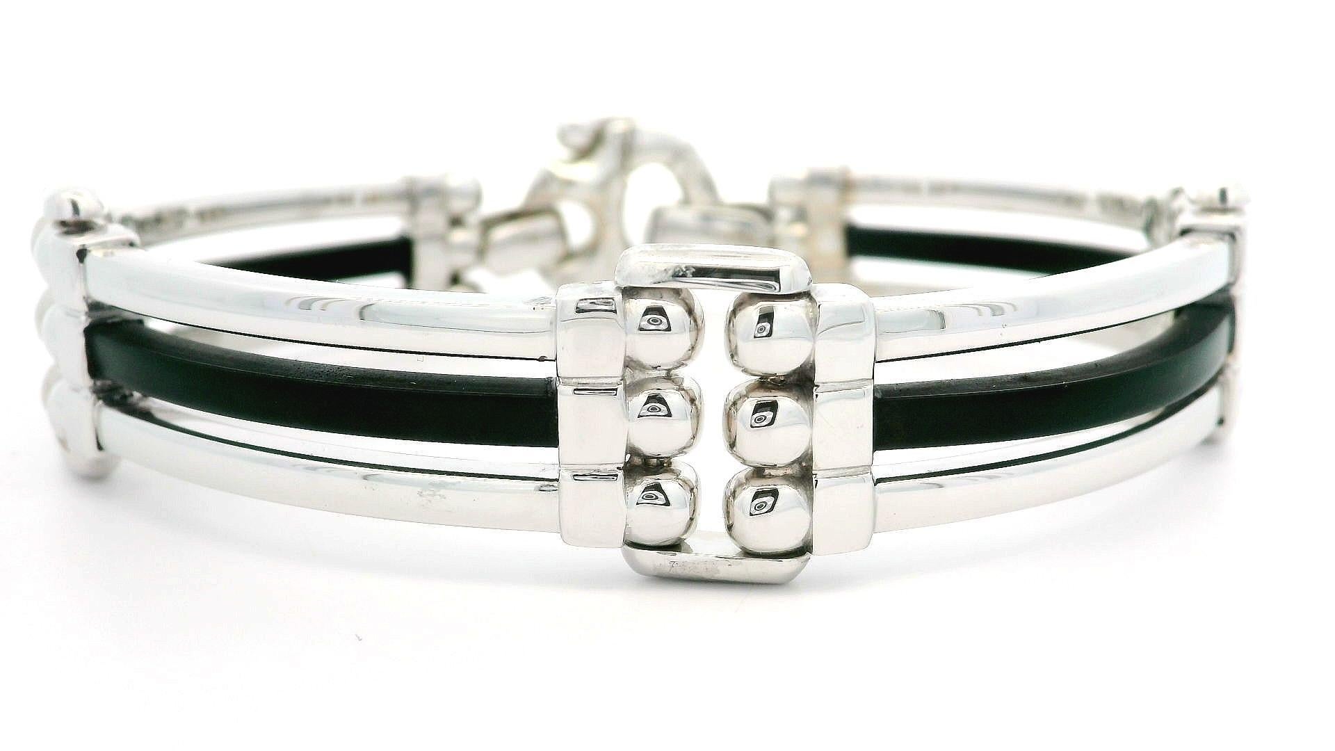 Men's Baraka 18k White Gold w/ Black Rubber Accents Wide Sectional Link Bracelet For Sale