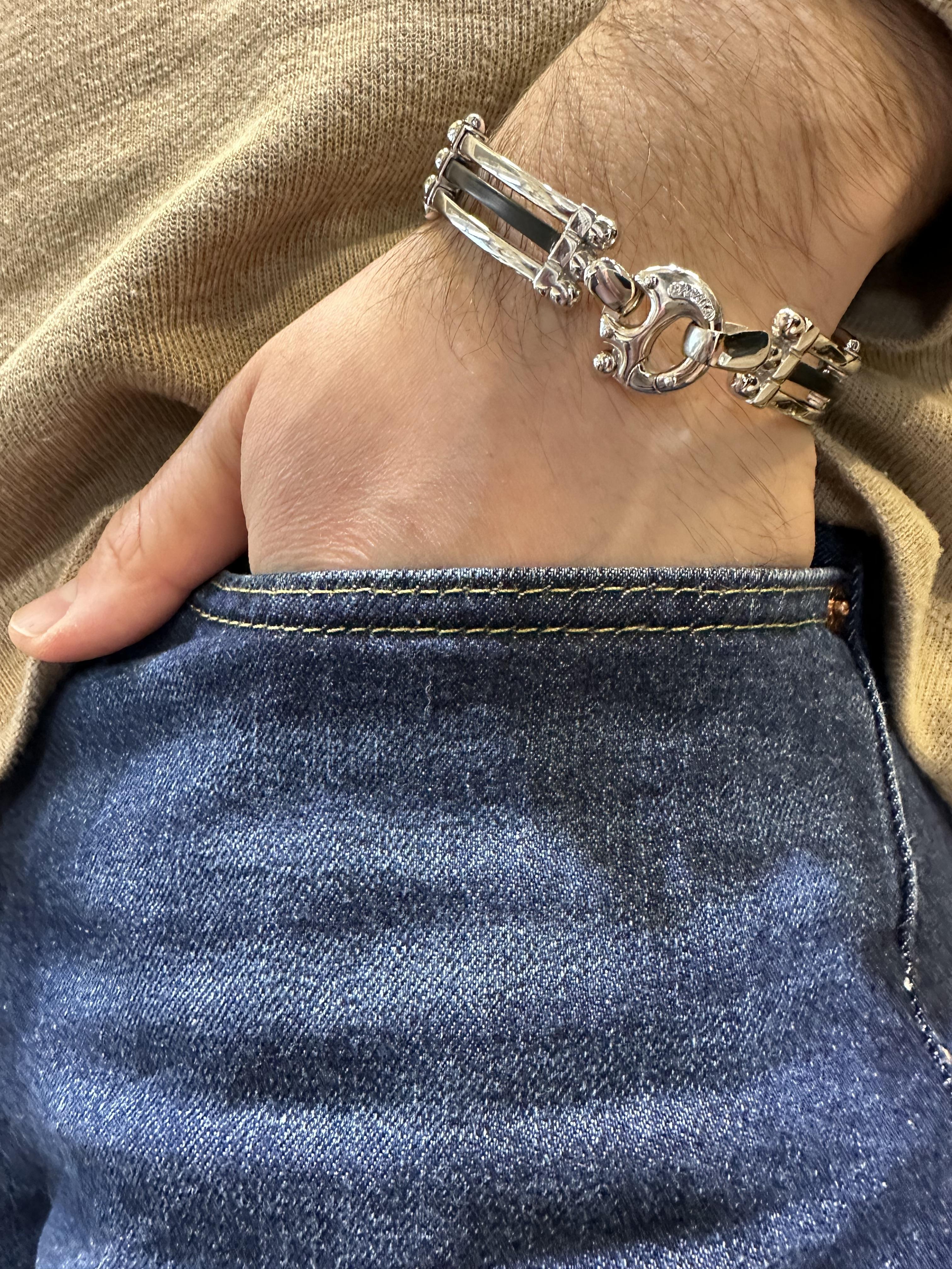 Baraka 18k White Gold w/ Black Rubber Accents Wide Sectional Link Bracelet For Sale 2