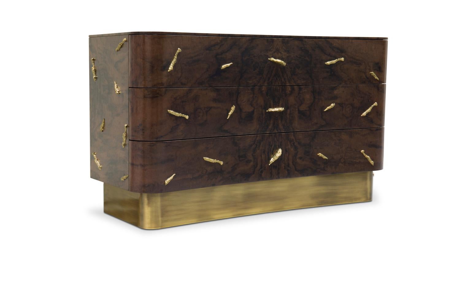 Modern Baraka Chest with Brass Details and Smoked Glass Shelves For Sale