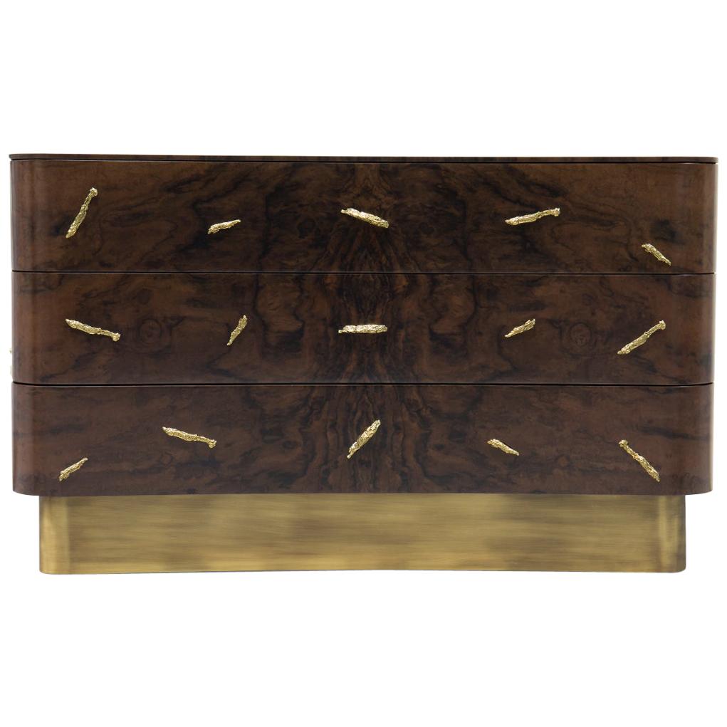 Baraka Chest with Brass Details and Smoked Glass Shelves For Sale