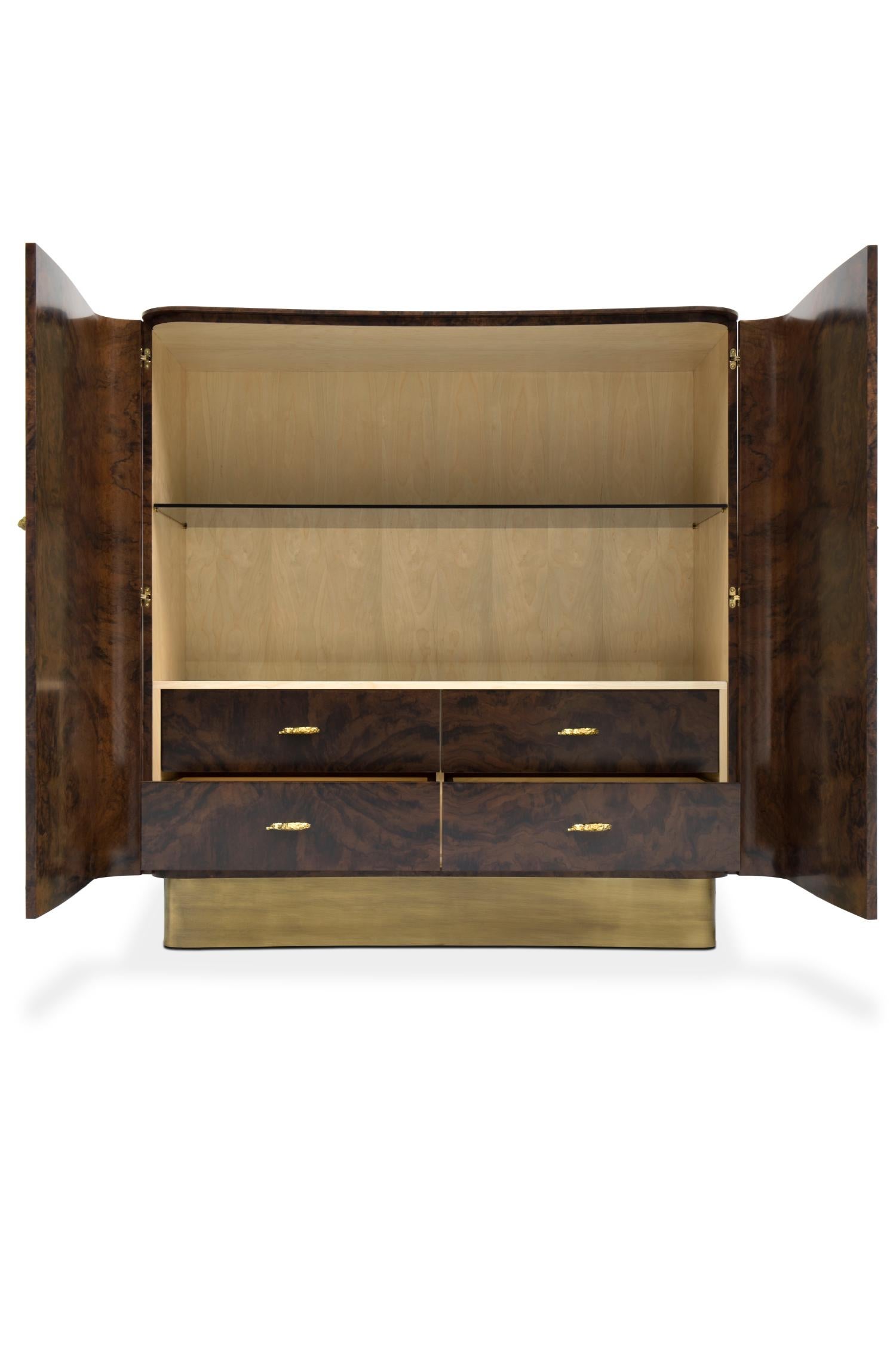 Modern Baraka Cupboard with Brass Details & Smoked Glass Shelves For Sale
