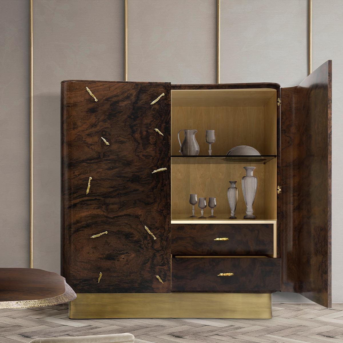 Contemporary Baraka Cupboard with Brass Details & Smoked Glass Shelves For Sale