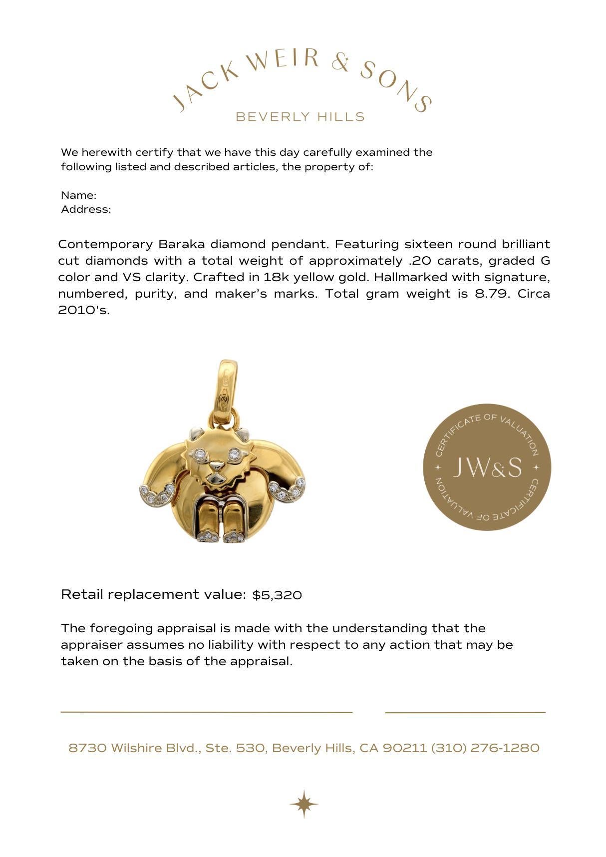 Brilliant Cut Baraka diamond 18k yellow gold bear pendant For Sale