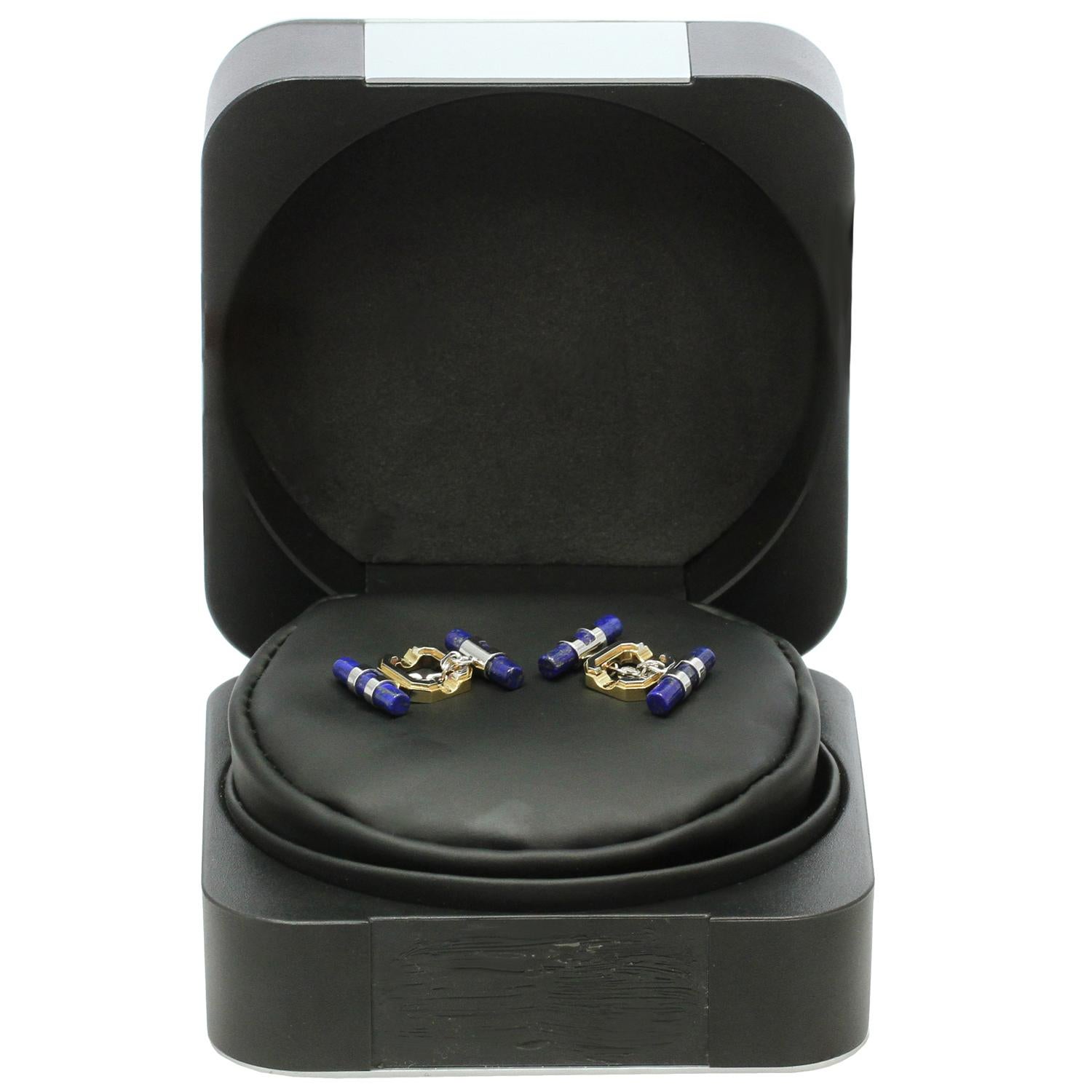 Baraka Lapis Lazuli Two-Tone Gold Cufflinks In Excellent Condition In New York, NY