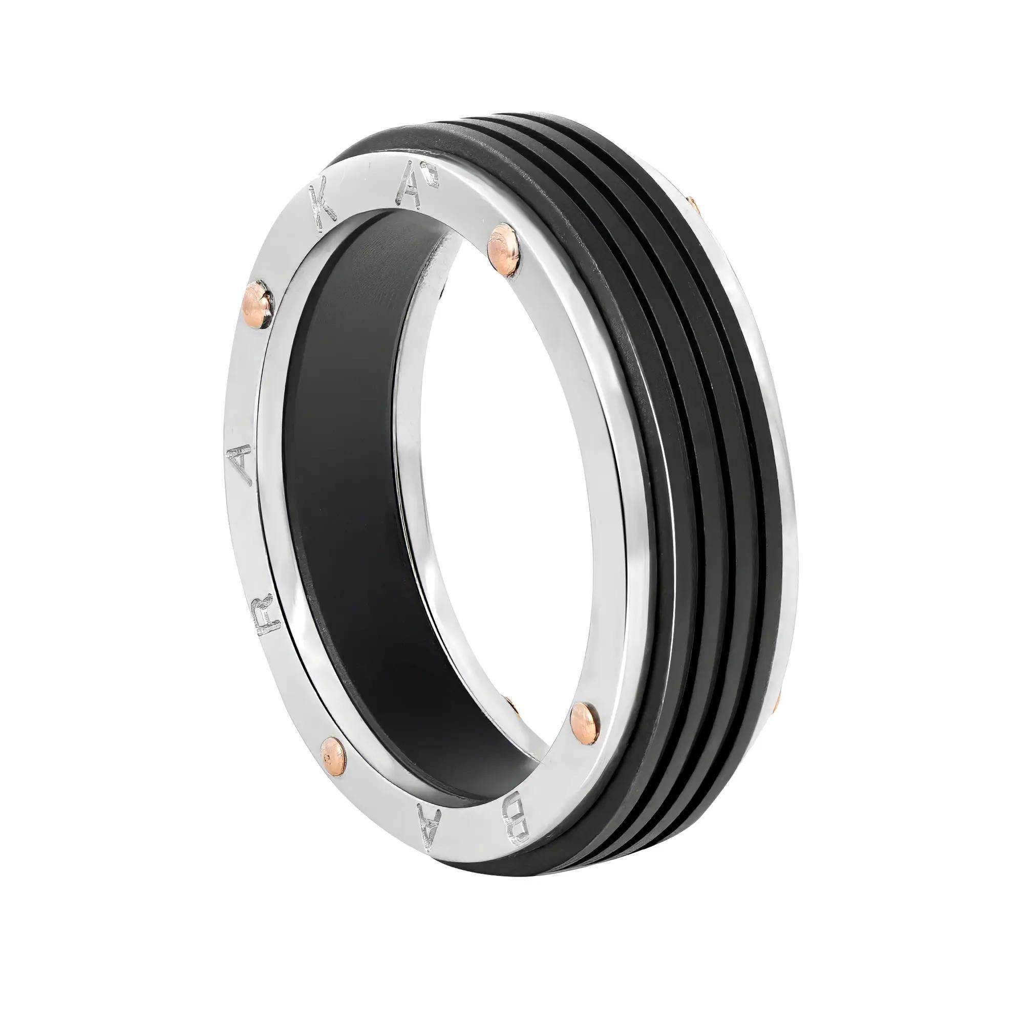 Modern Baraka Ritmika Mens Ring AN211461BRGR 18K White Rose Gold Steel Black PVD SZ 7.5 For Sale