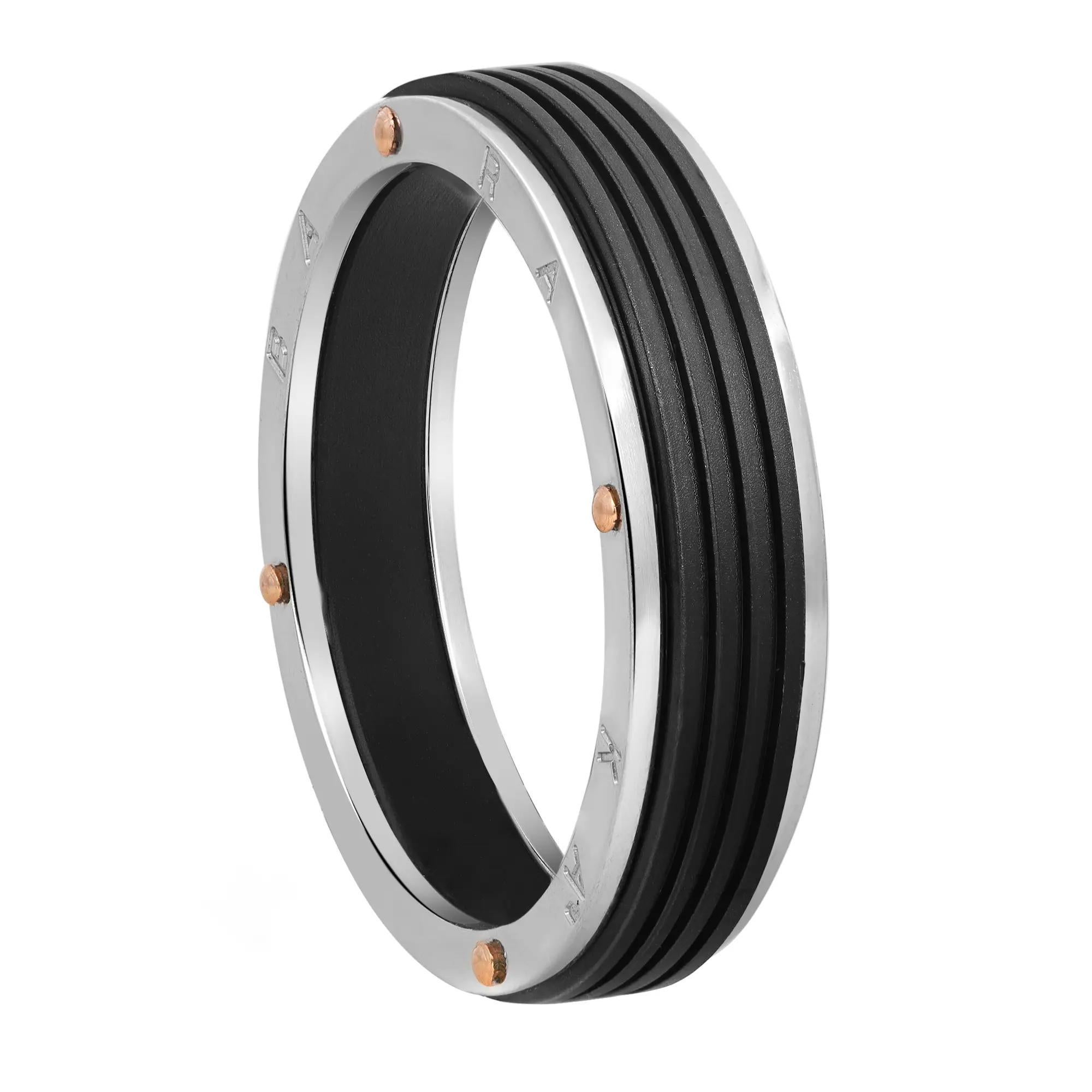 Modern Baraka Ritmika Mens Ring AN211461BRGR 18K White & Rose Gold Steel Black PVD SZ14 For Sale