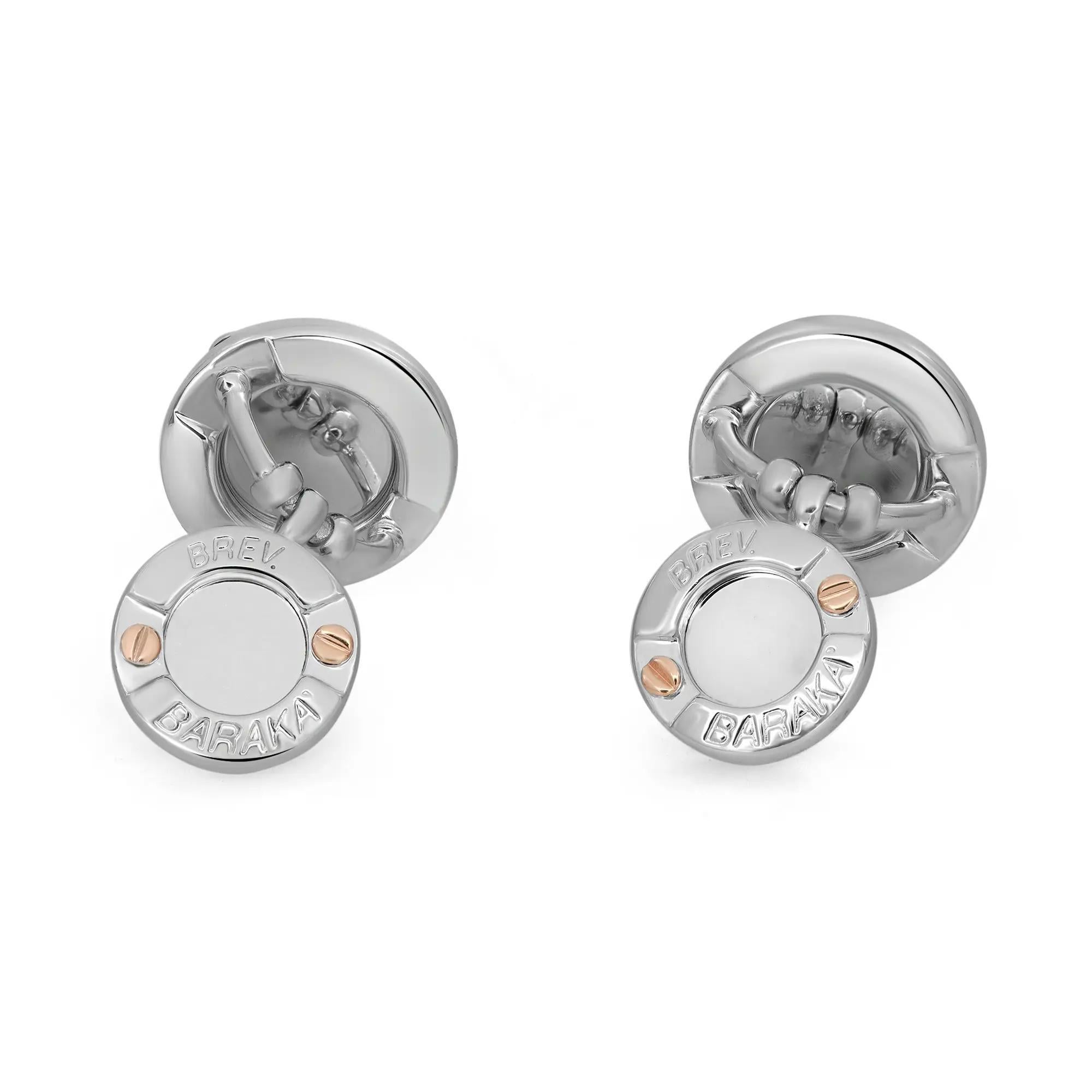 These stunning Baraka cufflinks feature round shape crafted in 18K white gold with rose gold screw accents. Diameter: 15mm. Total weight: 11.23 grams. Unworn condition. Made in Italy. Comes with a Baraka tag and a presentable gift box. 