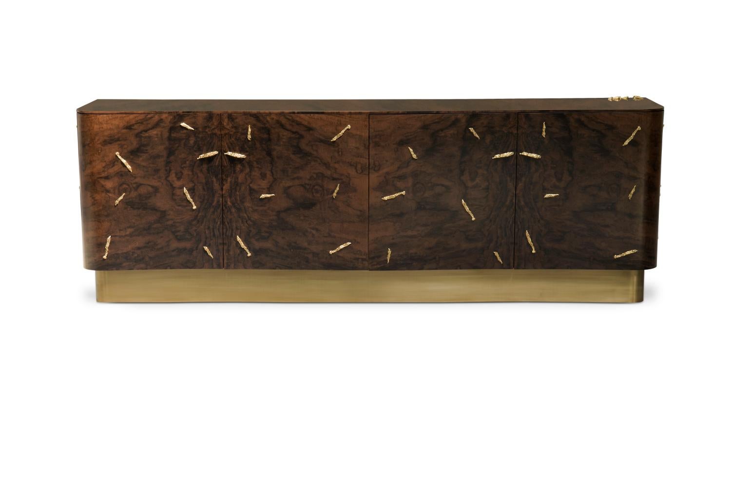 Modern Baraka Sideboard with Brass Details and Smoked Glass Shelves by Brabbu For Sale