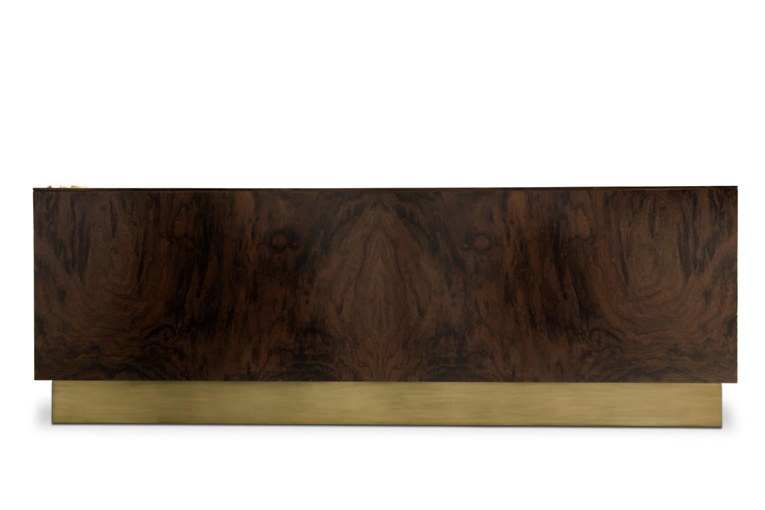 Veneer Baraka Sideboard with Brass Details and Smoked Glass Shelves by Brabbu For Sale