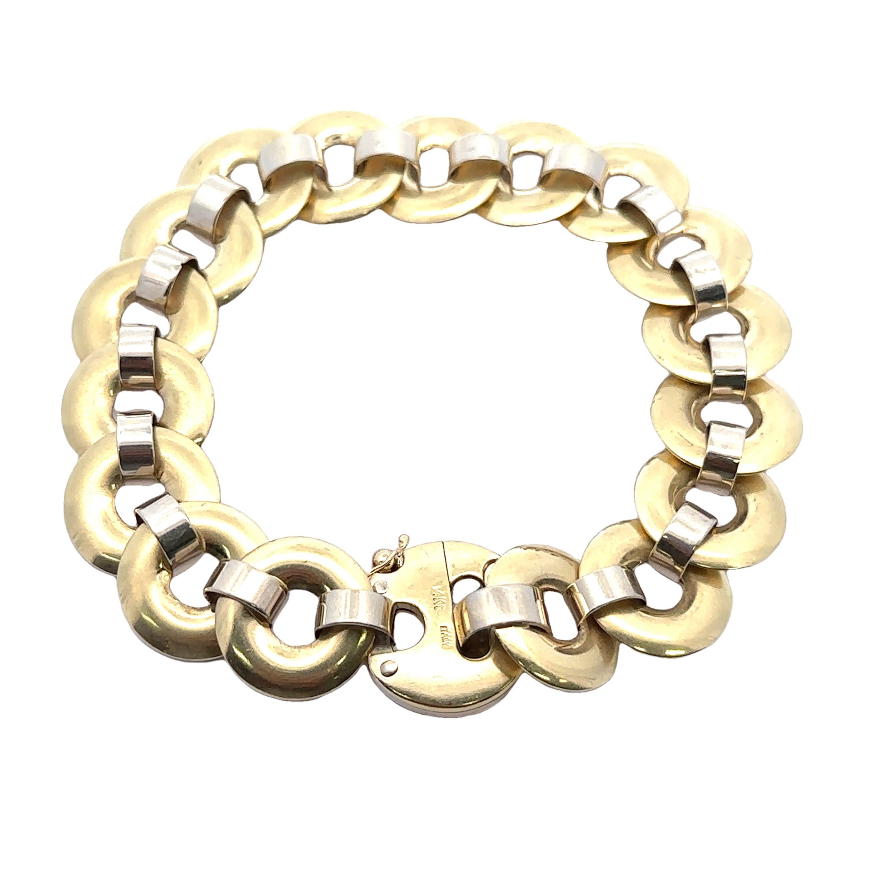 Baraka Bracelet à maillons circulaires en or jaune et blanc 14k massif, finition mate Pour femmes en vente