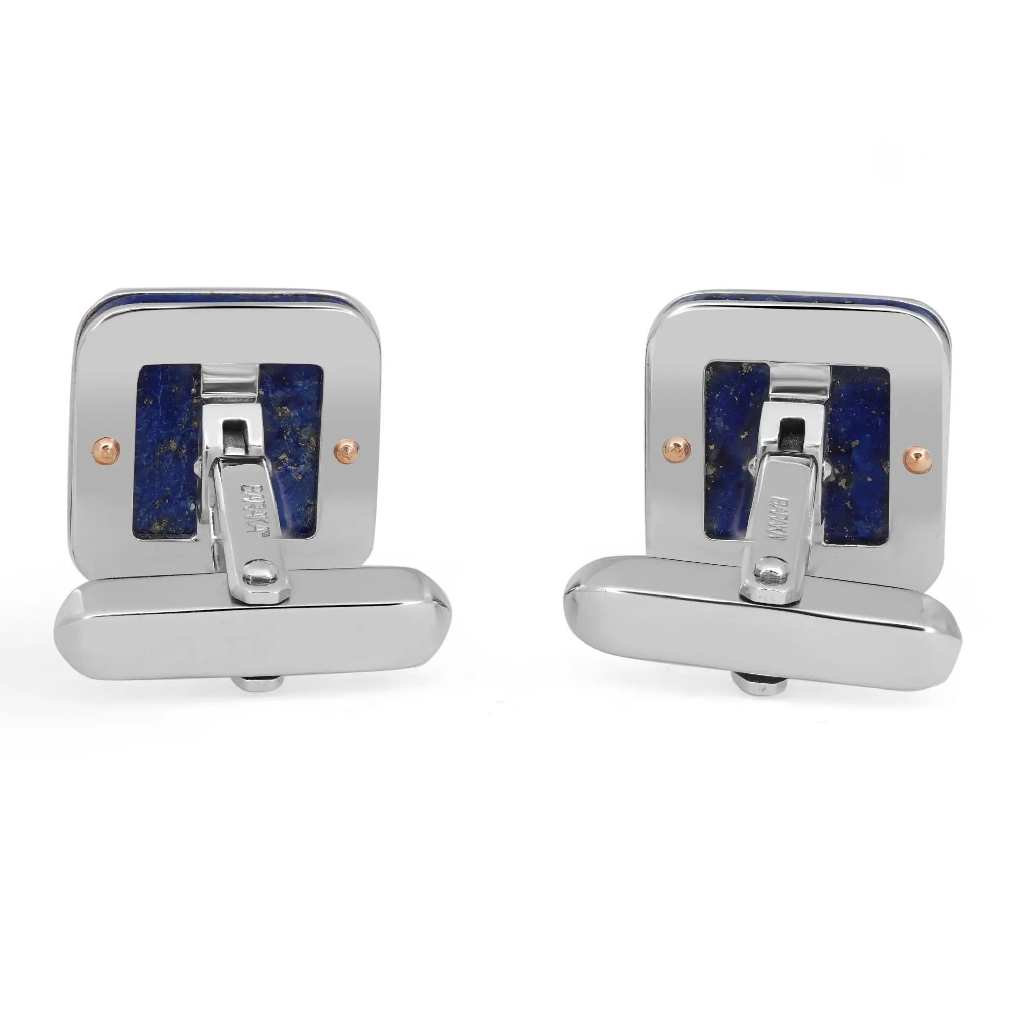 These stunning Baraka cufflinks feature square shape Lapis Lazuli stone encased in 18K white gold with rose gold accents. Size: 7.5mm x 7.5mm. Total weight: 13.75 grams. Condition: Display model. Made in Italy. Comes with a Baraka tag and a