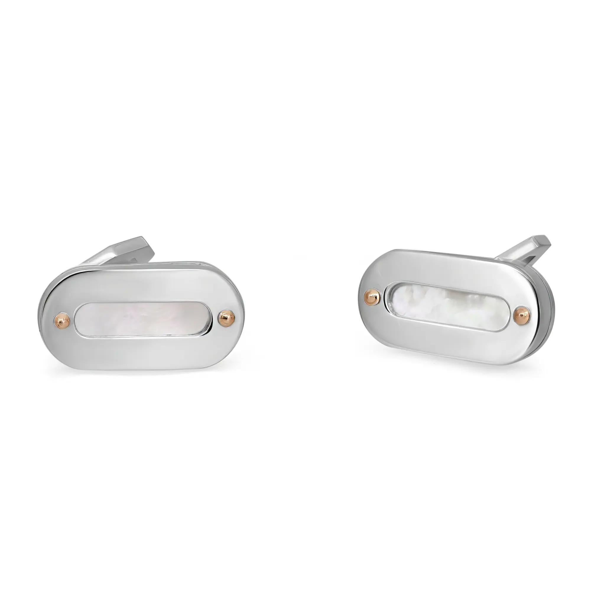Baraka White Mother Of Pearl Cufflinks 18K White Gold & Rose Gold In New Condition For Sale In New York, NY
