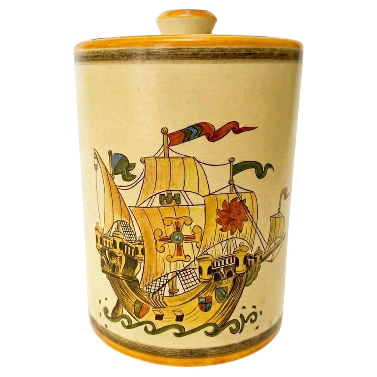 Jar with a Galleon and "Good Luck" Design, Lenci Ceramics, Turin, Italy, circa 1940 For Sale