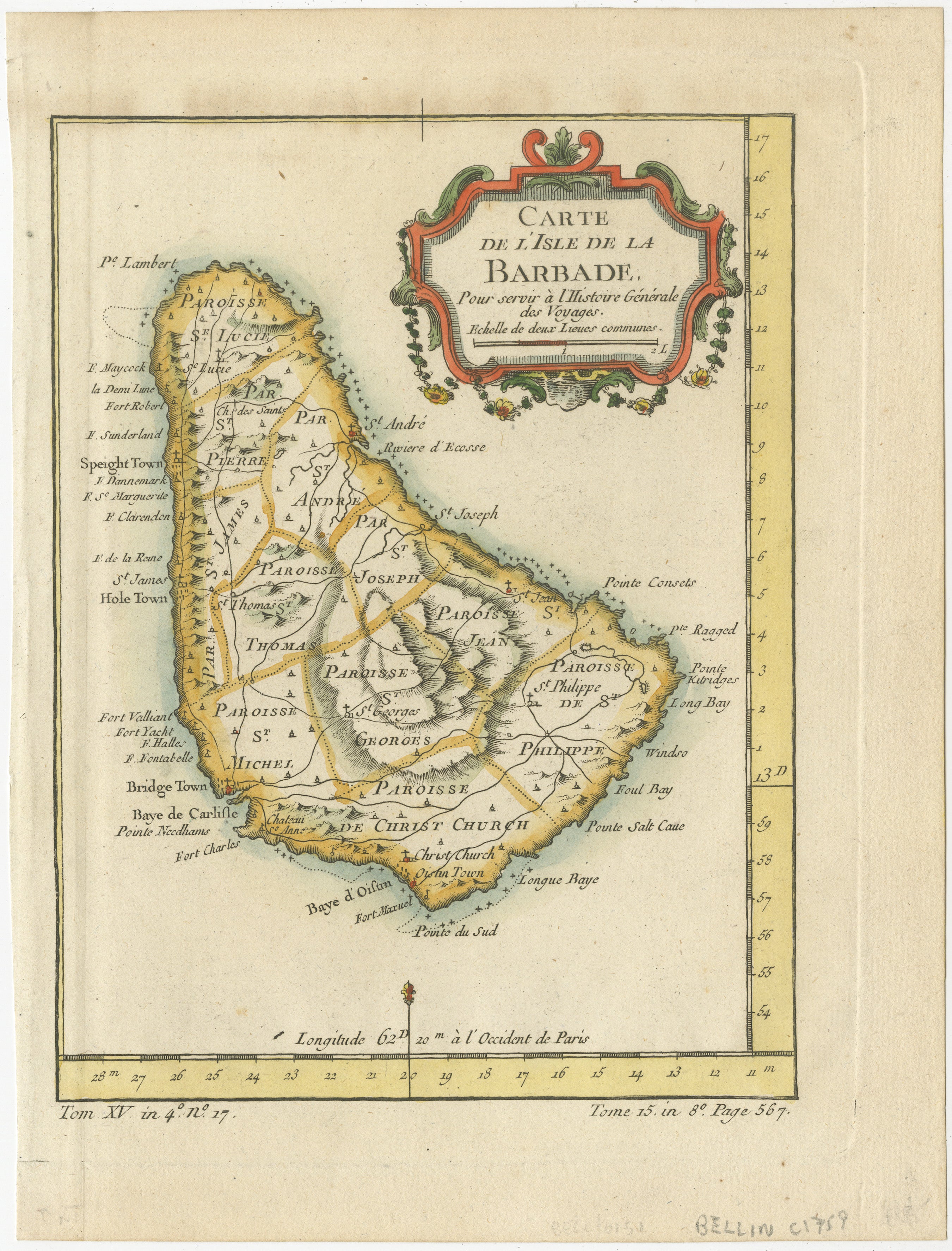 Carte de l'Isle de la Barbade by Jacques-Nicolas Bellin (1703–1772), Circa 1759

This rare antique map of Barbados, titled Carte de l'Isle de la Barbade, was created by the esteemed French cartographer Jacques-Nicolas Bellin around 1759. The map is