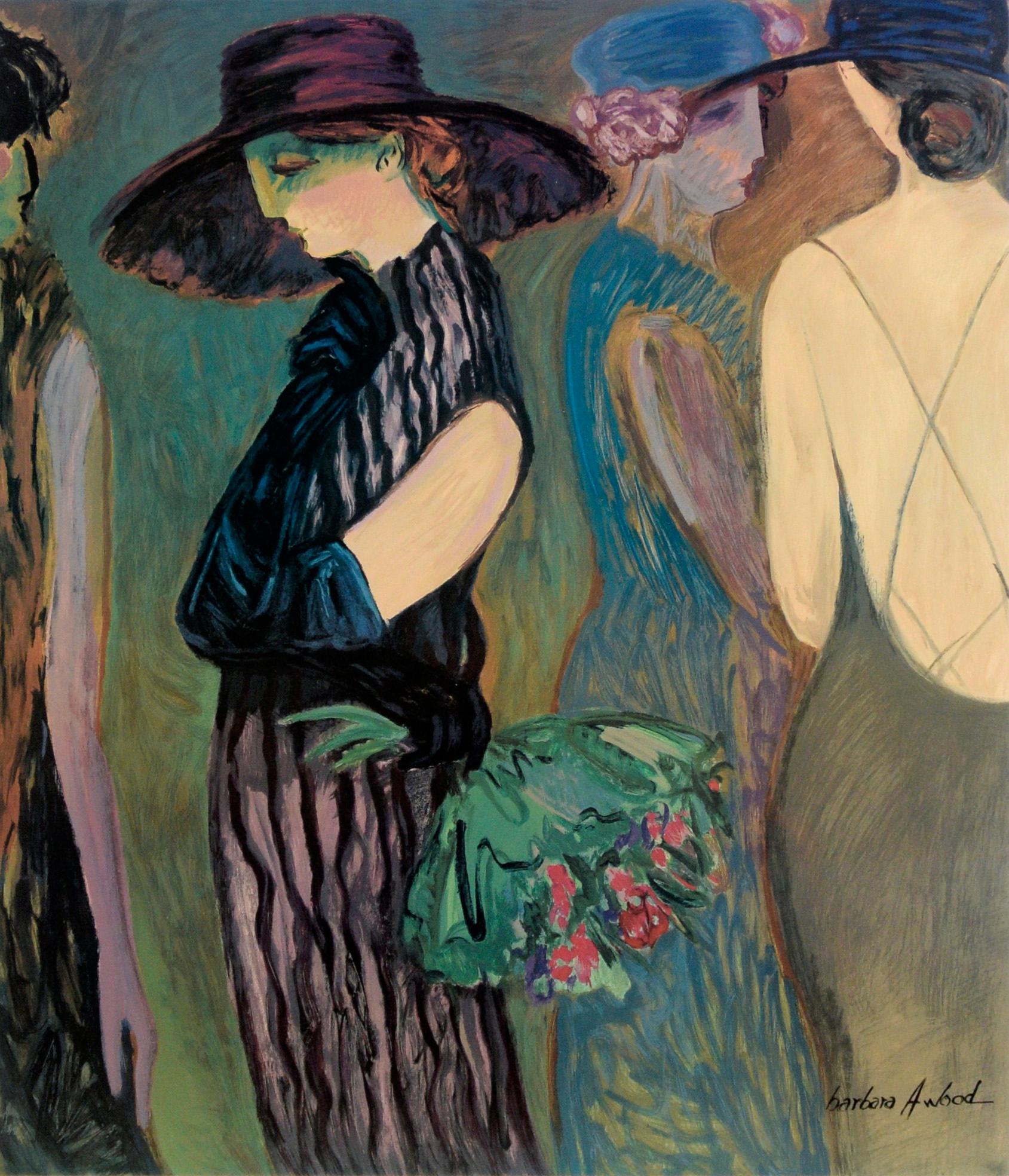 Woman in a Sunhat, die einen Blumenstrauß hält, von Künstlerin, Proofdruck auf Papier – Print von Barbara A. Wood