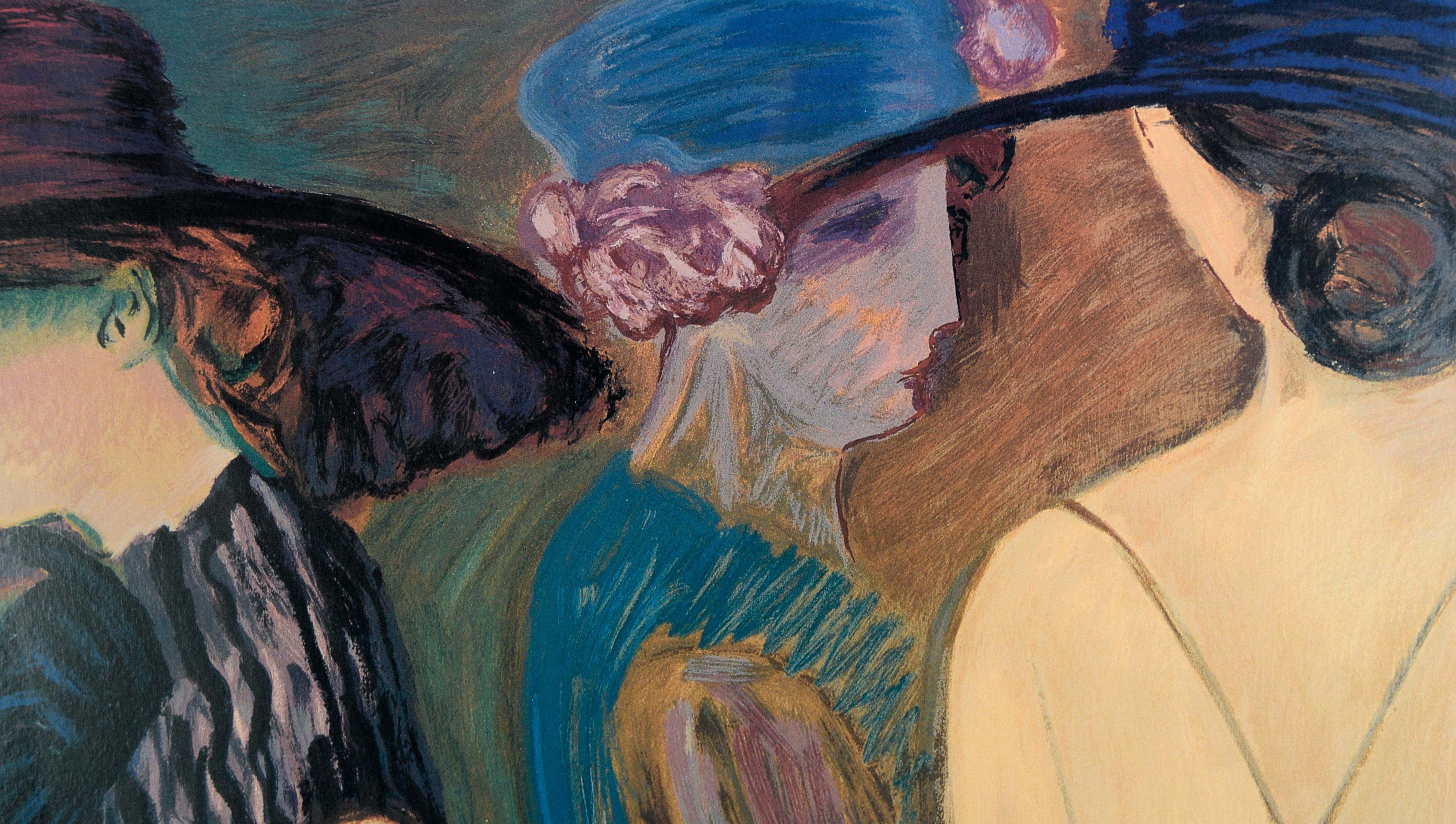 Woman in a Sunhat, die einen Blumenstrauß hält, von Künstlerin, Proofdruck auf Papier

Kräftiger und gesättigter Druck einer Frau mit einem Blumenstrauß von Barbara A. Wood (Amerikanerin, geb. 1926). Die Frau trägt dunkle gestreifte Kleidung und