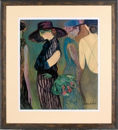Femme en chapeau de soleil tenant un bouquet - Impression de l'épreuve d'artiste sur papier