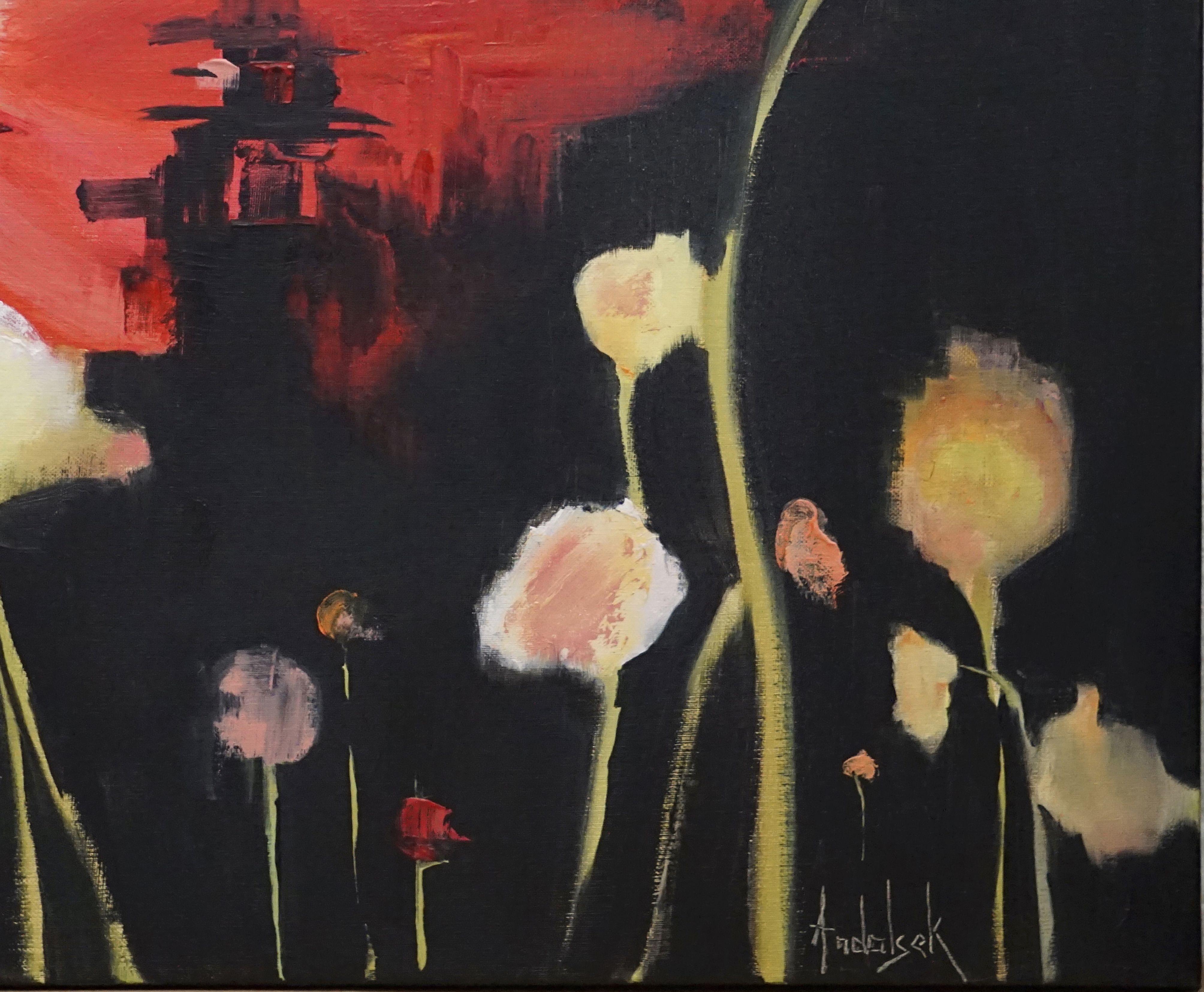 An abstracted form of poppies on a dark background...    This piece of original Alla Prima artwork is 20