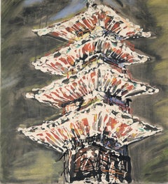 Pagode - Expressionistisches Ölgemälde auf Leinwand mit Steinen